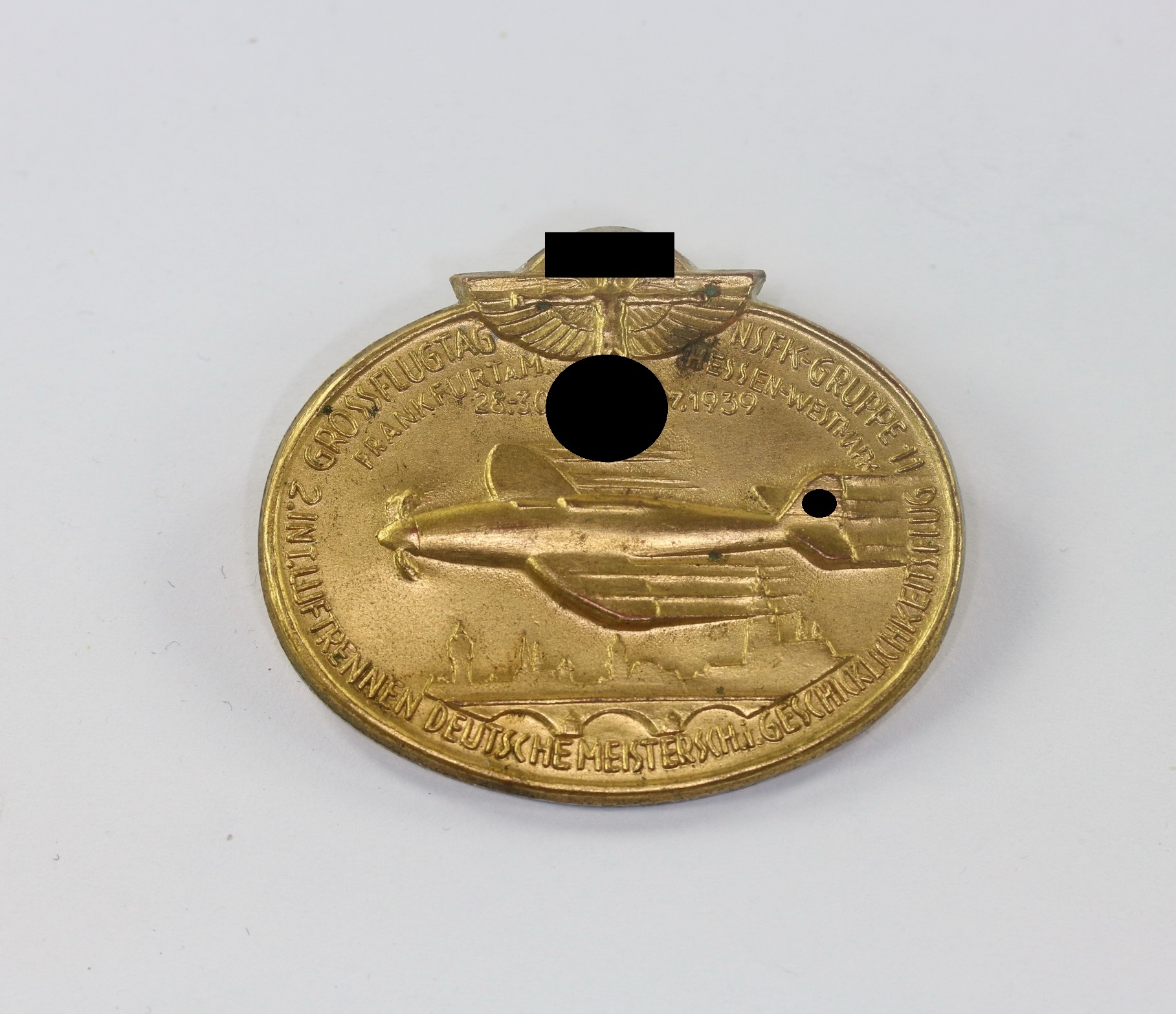 Abzeichen, "NSFK - Gruppe 11 - Hessen-Westmark Grossflugtag Frankfurt a.M. 28.-30.7.1939 - 2. Int. Luftrennen Deutsche Meistersch. i. Geschicklichkeitsflug" – Bild 1
