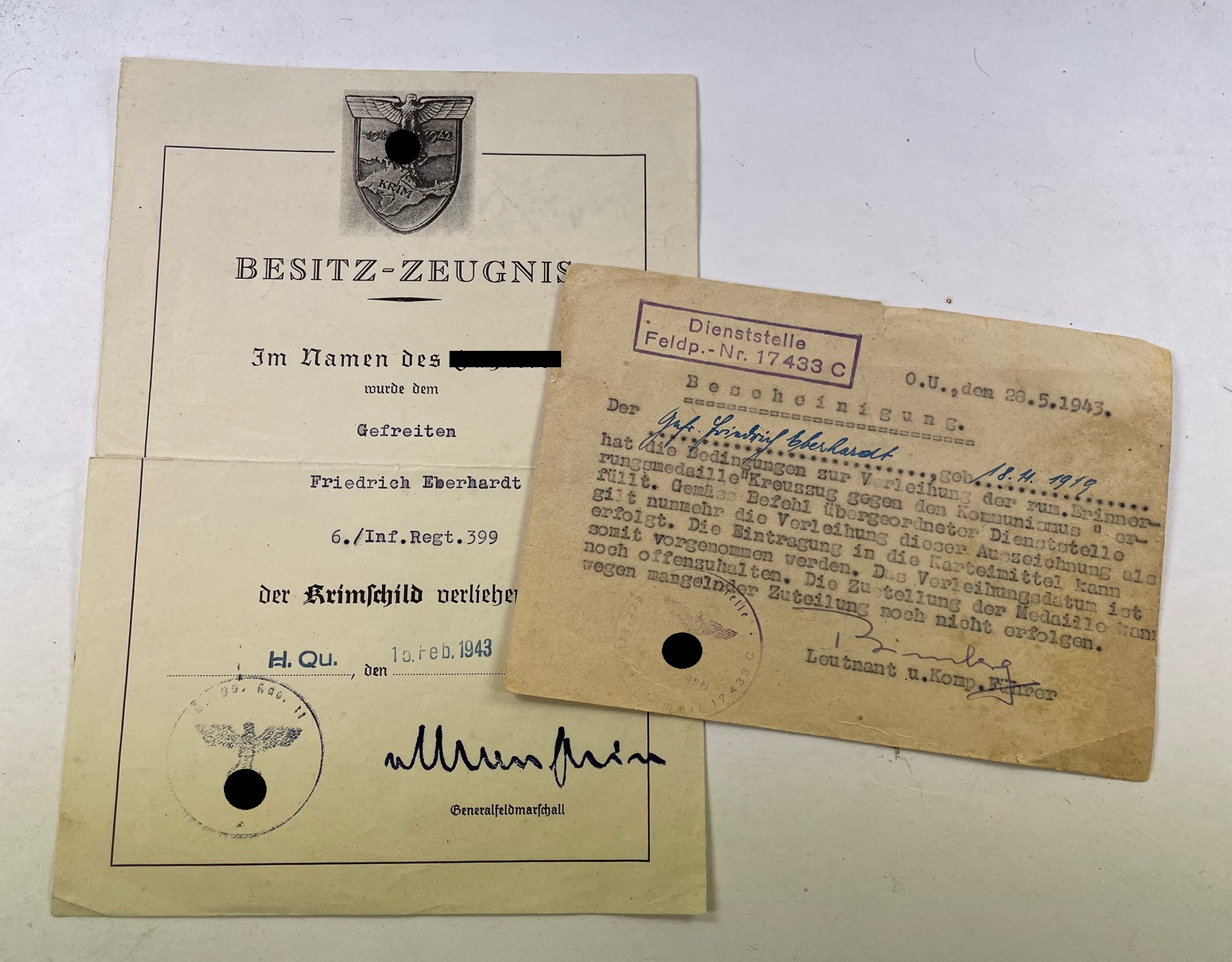 Document for the Crimea Shield & Crusade against Communism Medal, Infanterie Regiment 399 – Bild 1