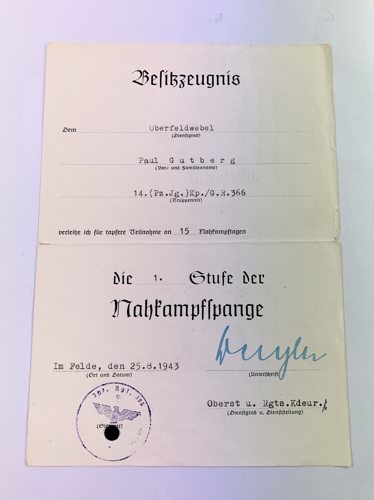 besitzzeugnis_nahkampfspange_in_bronze_1 Besitzzeugnis Nahkampfspange in Bronze (1. Stufe) – Bild 1