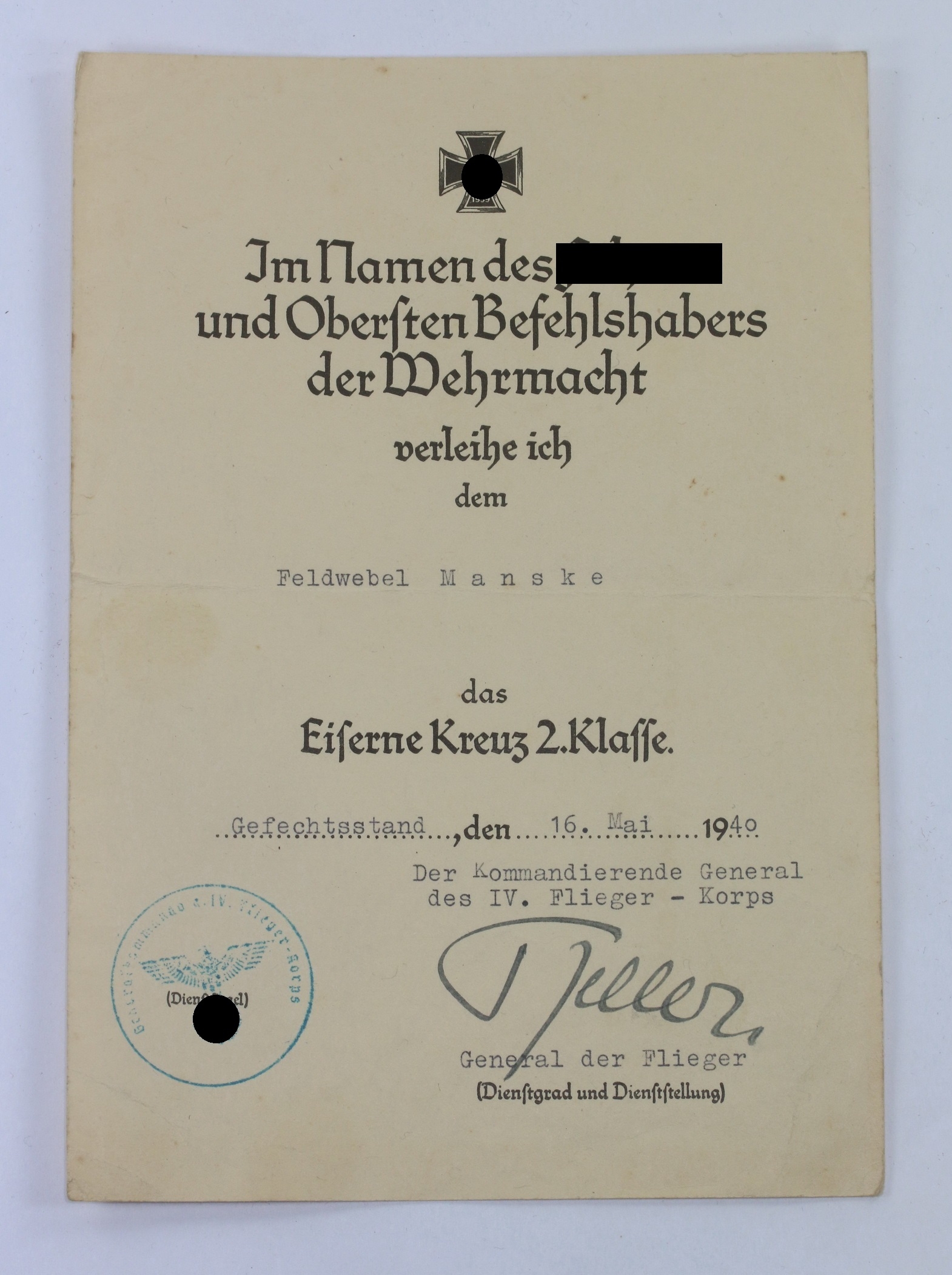 Urkunde Eisernes Kreuz 2. Klasse 1939, Mai 1940, Niederlande – Bild 1