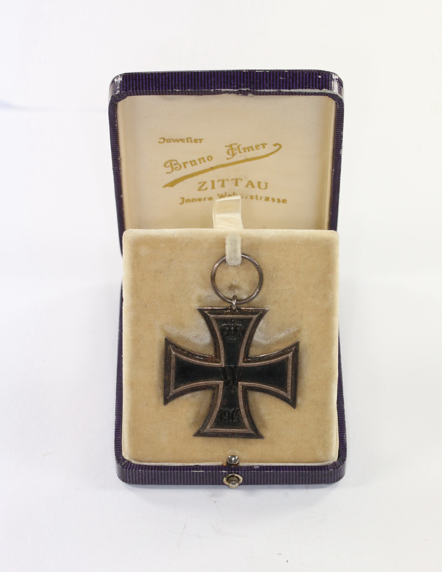eisernes_kreuz_2 Eisernes Kreuz 2. Klasse 1914, im lila Schmucketui, Juwelier Bruno Ilmer Zittau – Bild 1