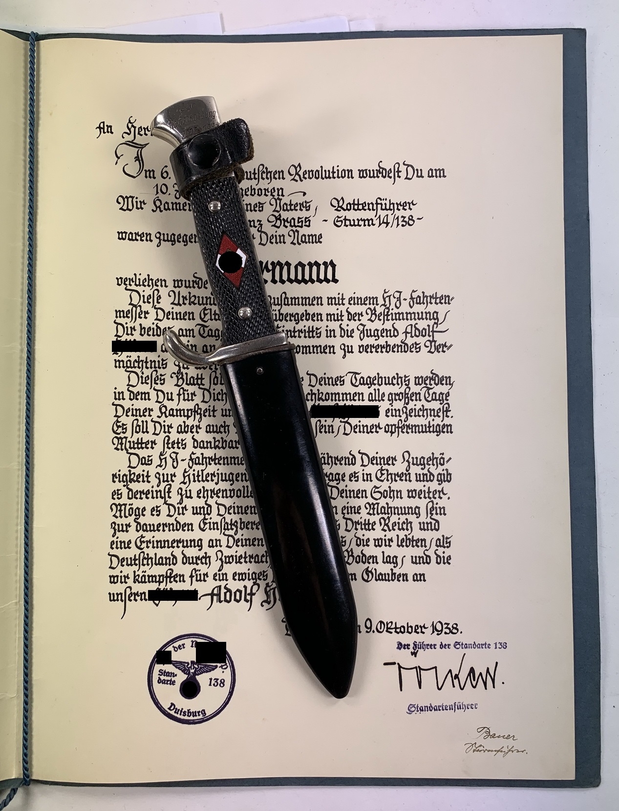 Hitler Youth Dagger. Maker Carl Heidelberg Solingen and RZM M7/65, Blut und Ehre. Engraved and with Document.  – Bild 1