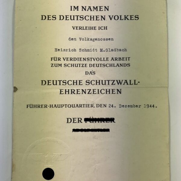 Urkunde Deutsches Schutzwall Ehrenzeichen