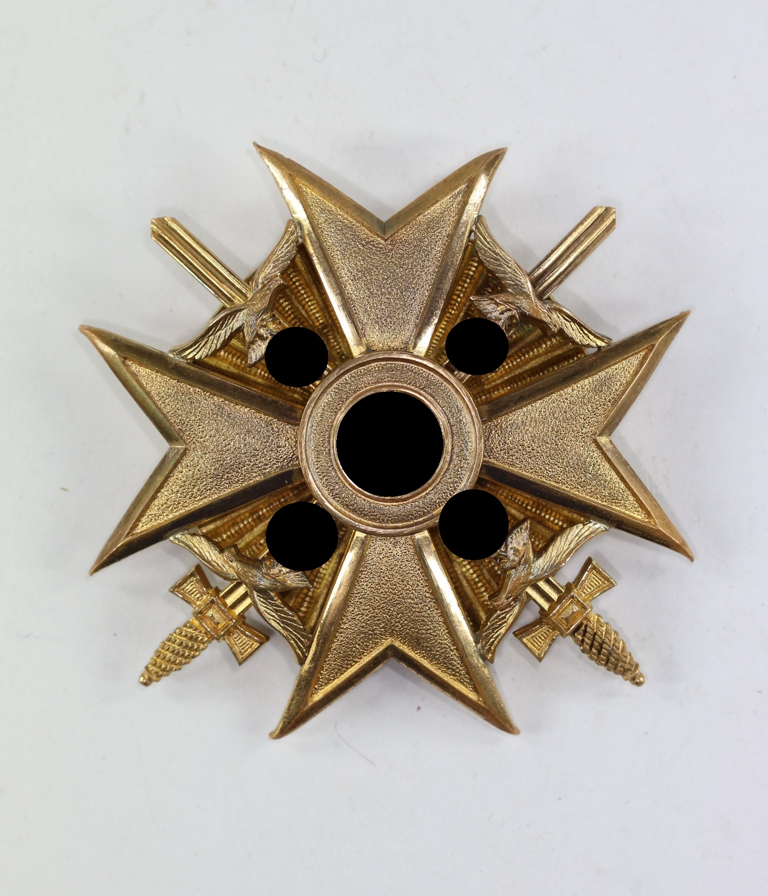 img_5376_bildgr_e_ndern_1_1 Spanienkreuz in Gold mit Schwertern, Wilhelm Deumer, an Schraubscheibe (!) – Bild 1