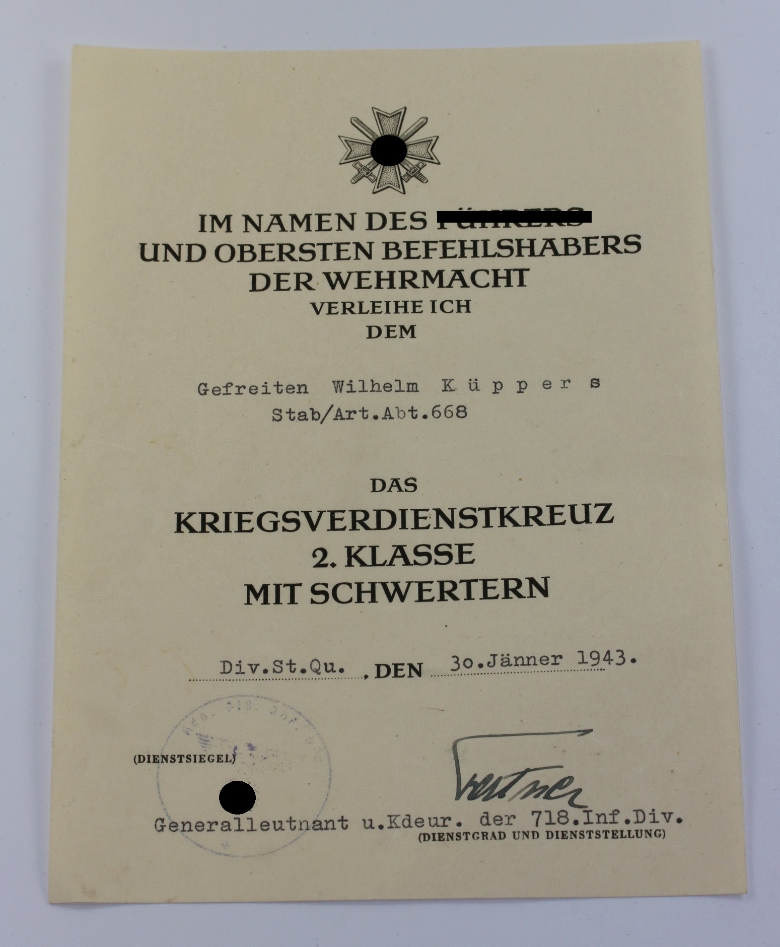 img_8465_bildgr_e_ndern_1 Urkunde Kriegsverdienstkreuz 2. Klasse mit Schwertern – Bild 1