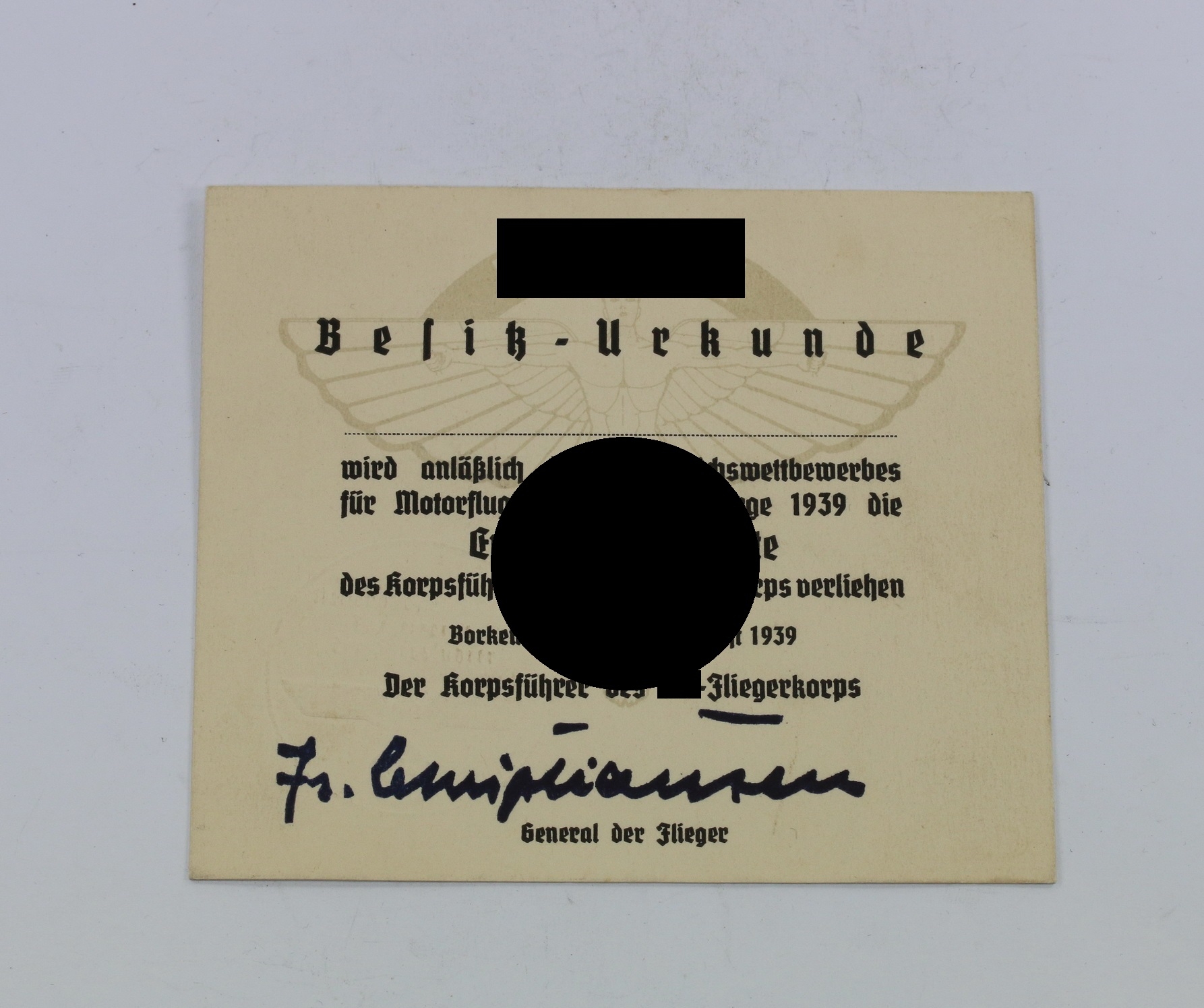 National Socialist Flying Corps (NSFK), Document for the Plaque of the 11. Competition 1939. – Bild 1