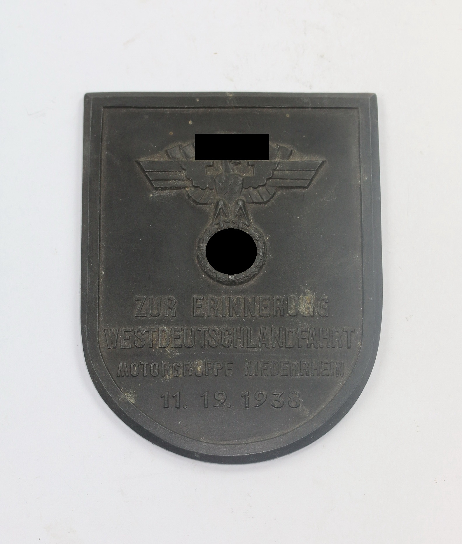 NSKK, Plaque Zur Erinnerung Westdeutschlandfahrt Motorgruppe Niederrhein 11. 12. 1938. Maker A. Donner Elberfeld – Bild 1