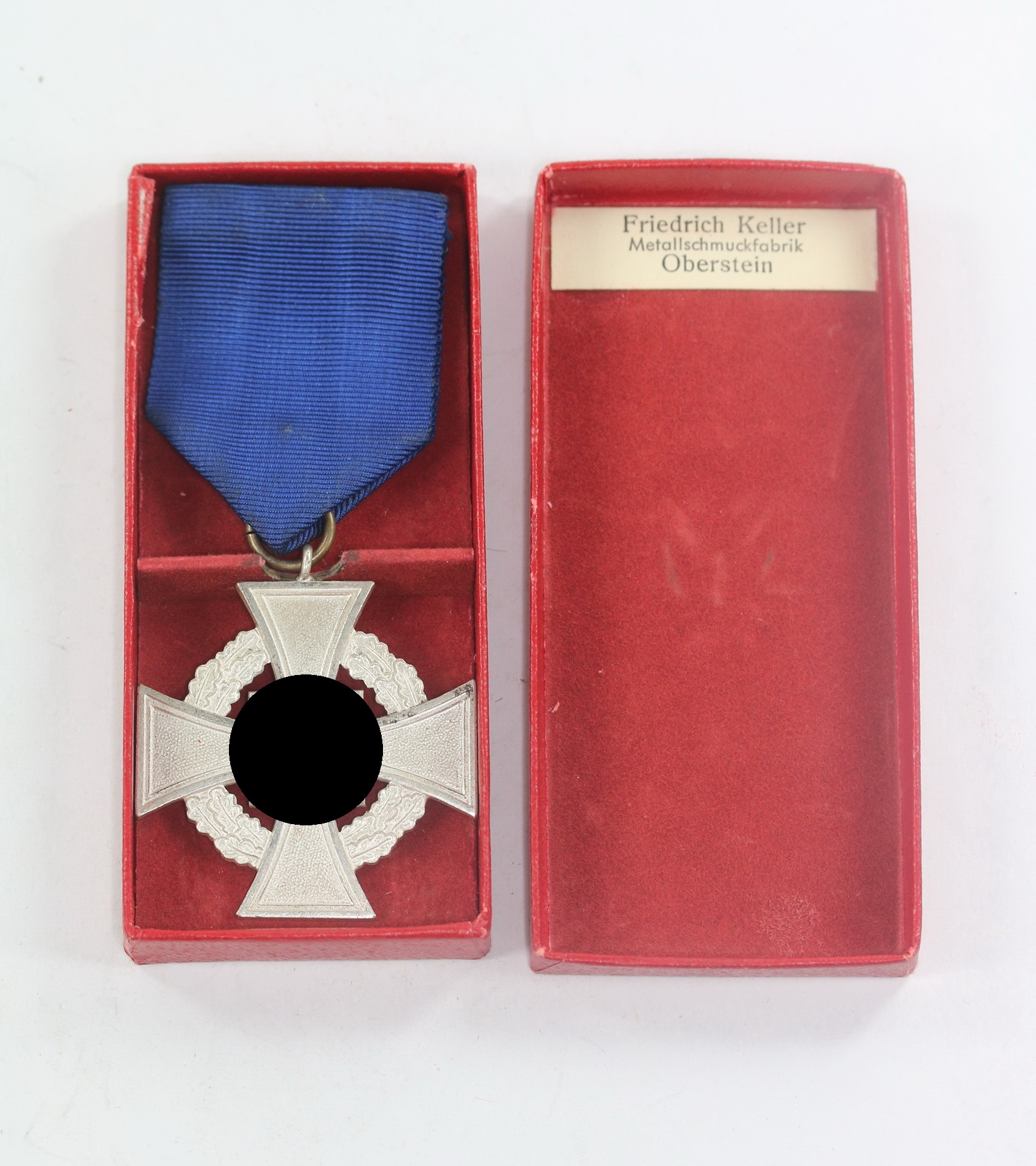 Cased Silver Civil Loyal Service Cross for 25 Years, Friedrich Keller Metallschmuckfabrik Oberstein – Bild 1