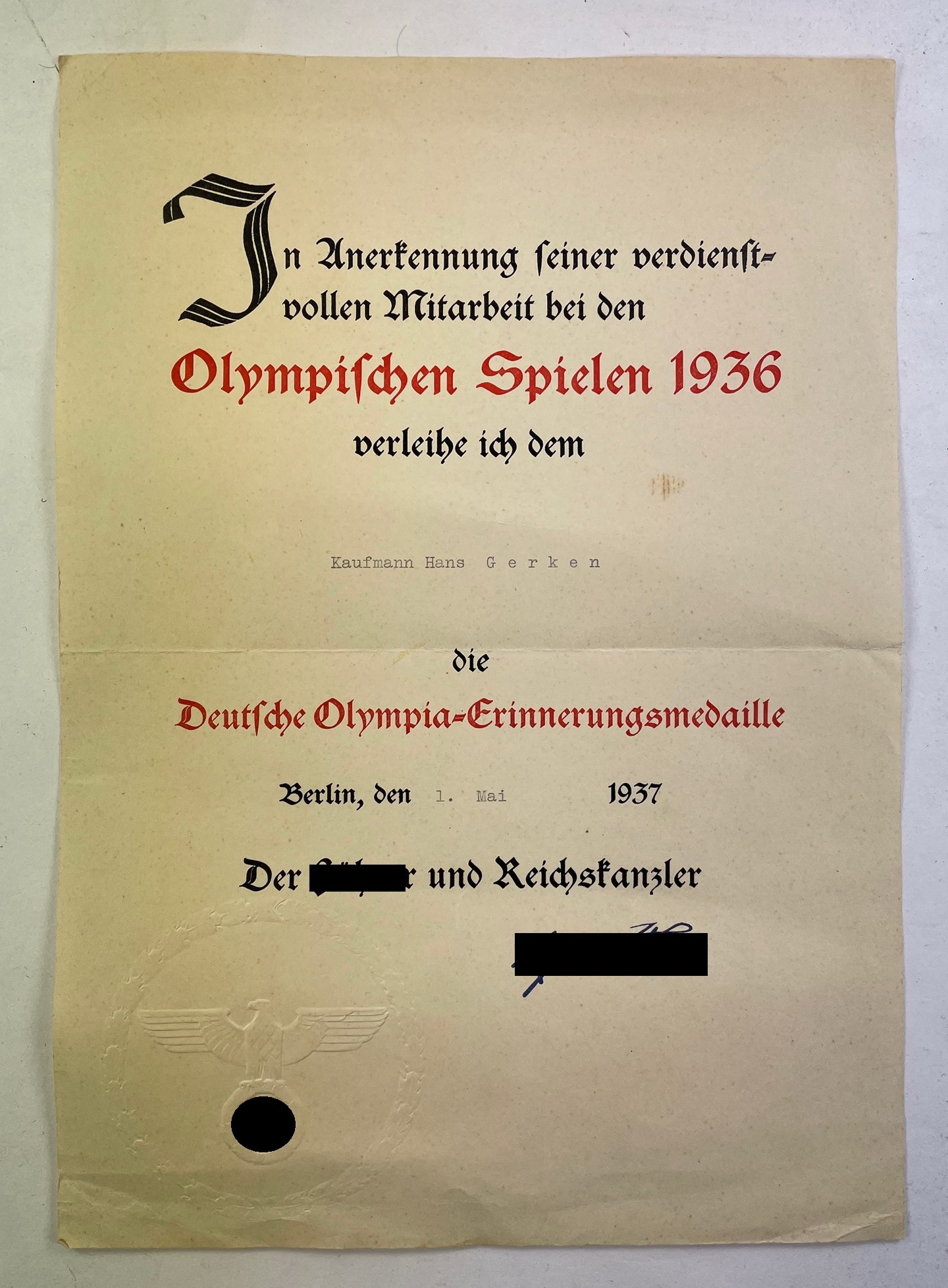 Document for the German Olympic Games Medal 1936. – Bild 1