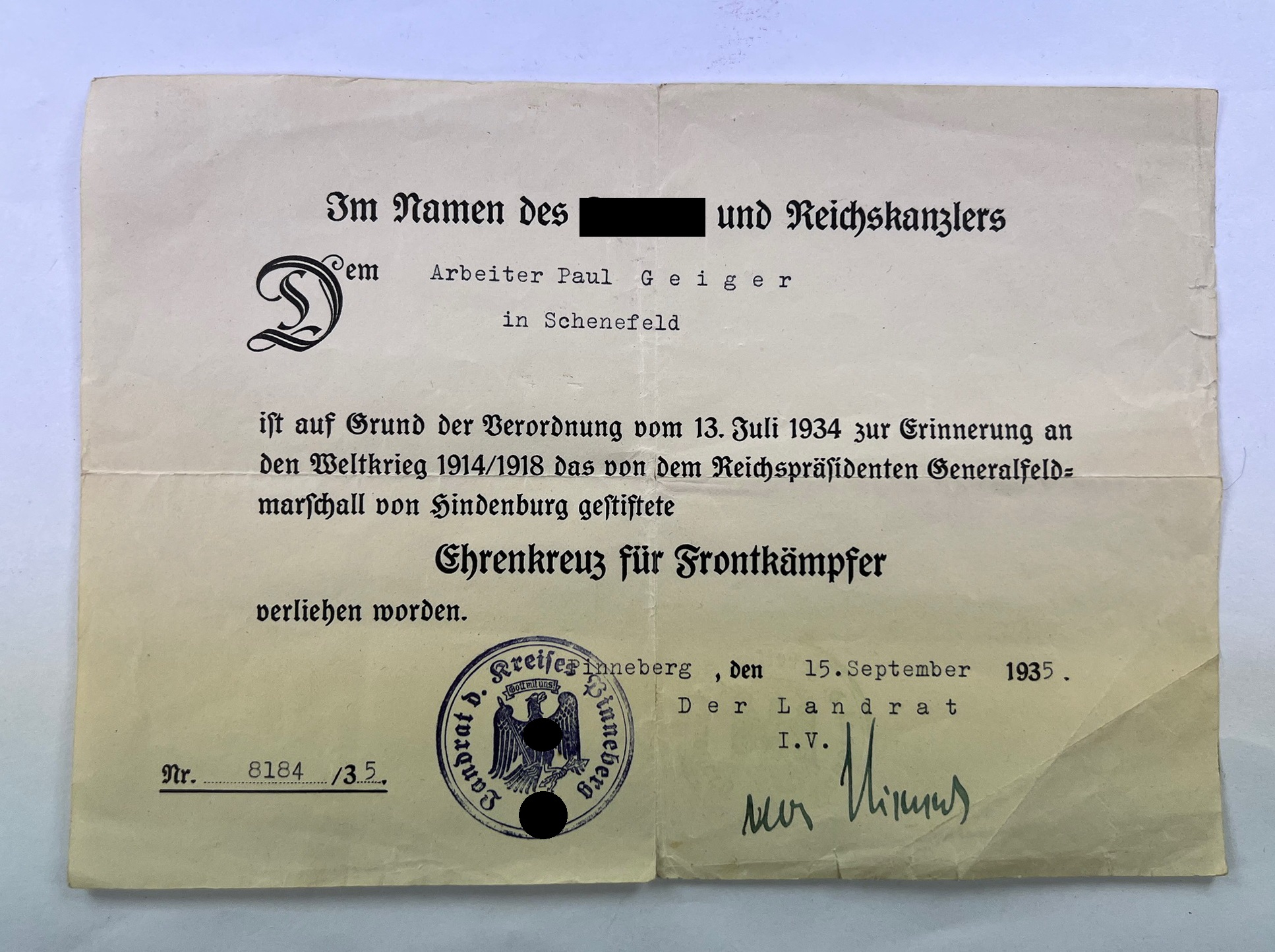 urkunde_ehrenkreuz_f_r_frontk_mpfer_1_4nd Document for the Hindenburg Cross for Combatants. – Bild 1