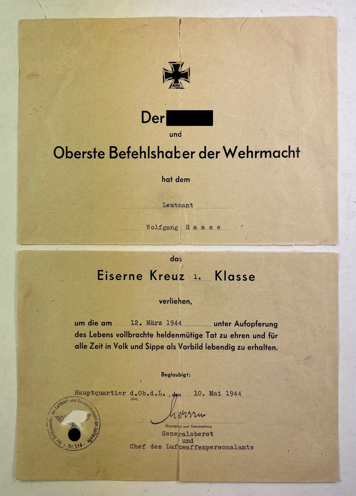 Document for the Iron Cross 1st Class 1939. Posthumous Award For Courage. – Bild 1
