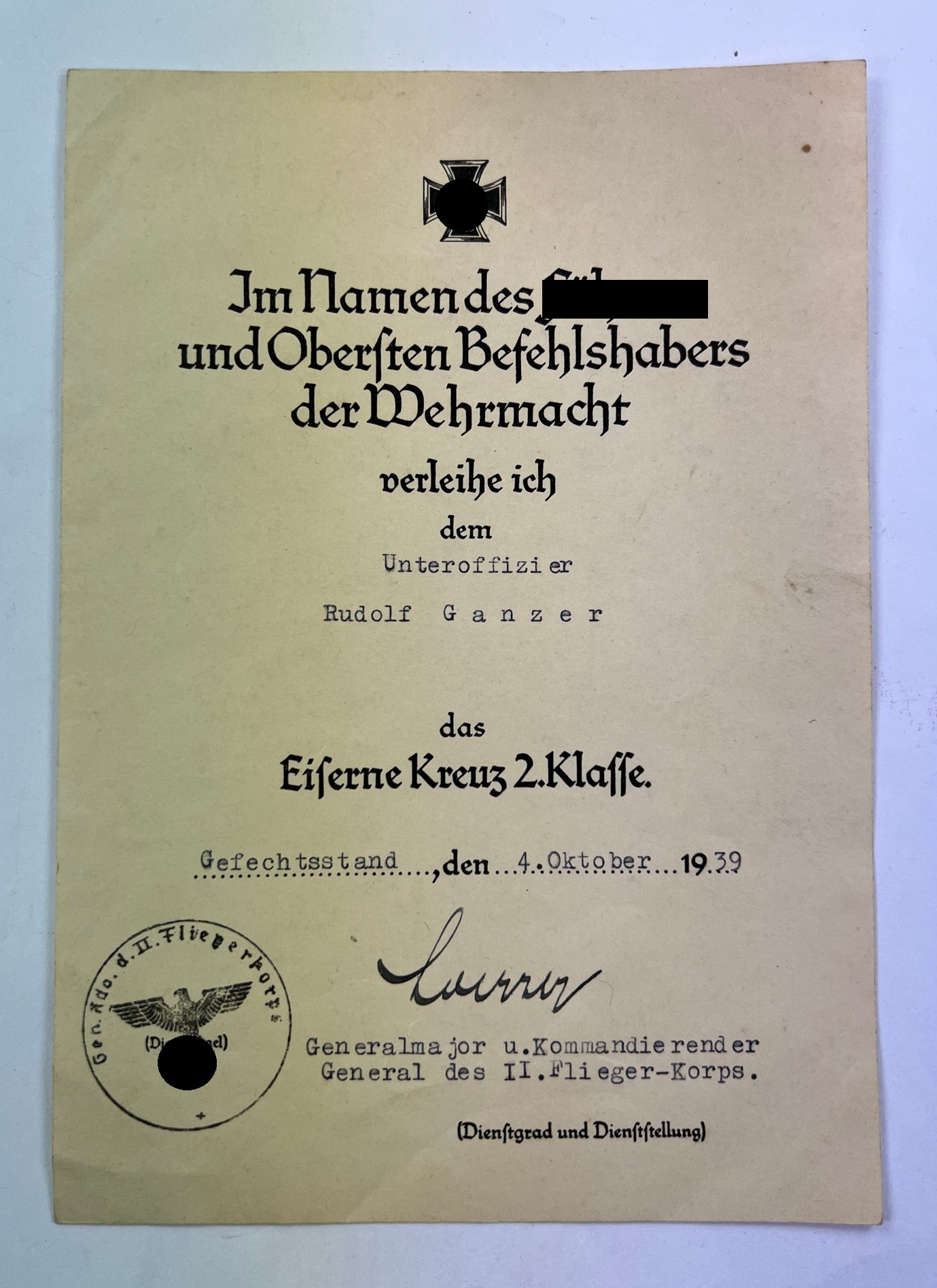 Document for the Iron Cross 2nd Class 1939, 4. Oktober 1939 (!) – Bild 1