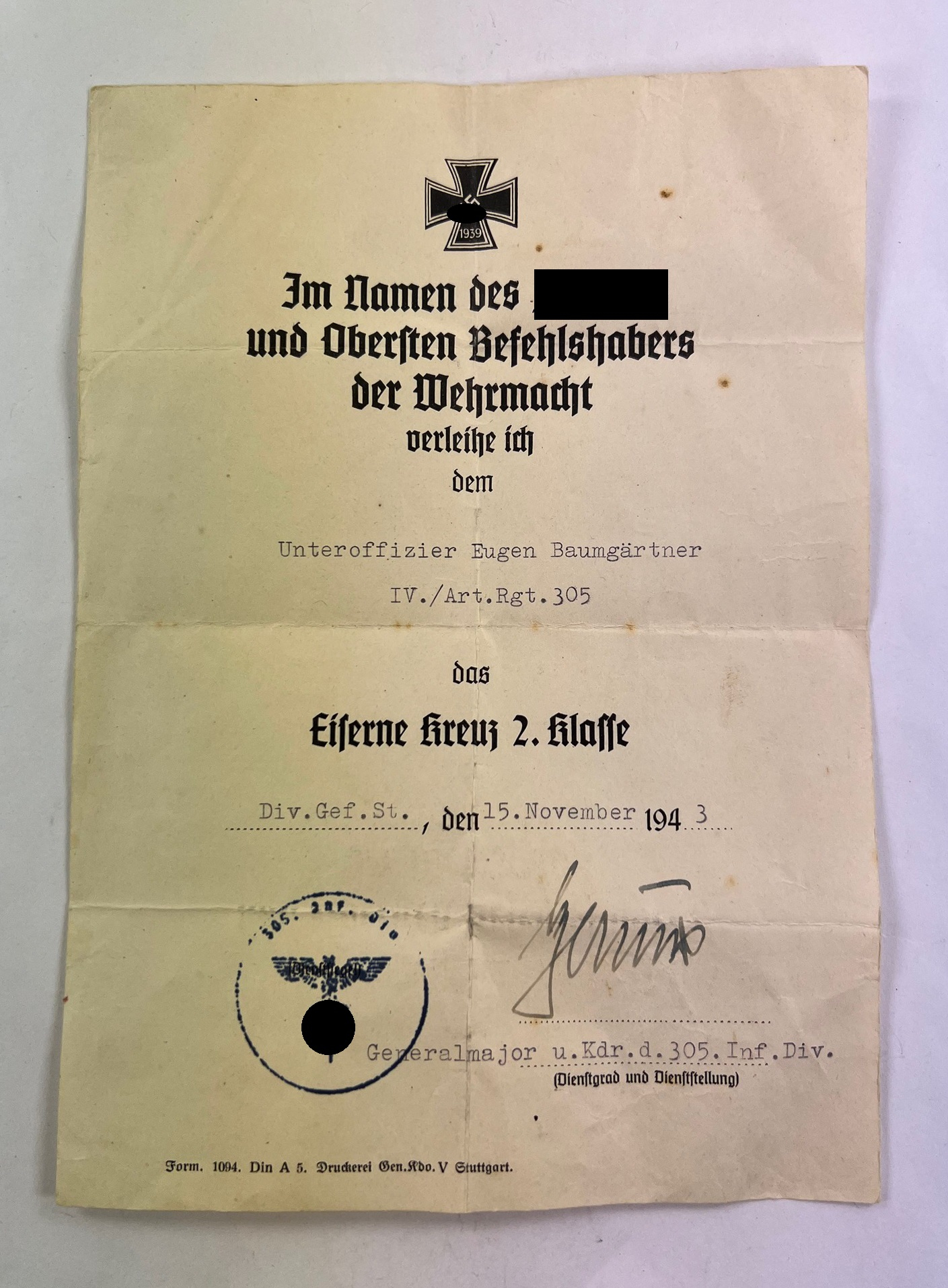 Urkunde Eisernes Kreuz 2. Klasse 1939, Artillerie Regiment 305 – Bild 1