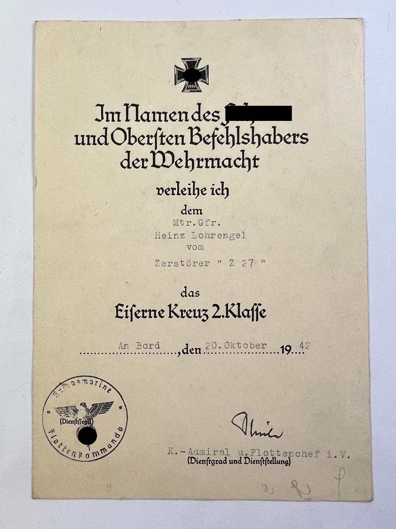 Urkunde Eisernes Kreuz 2. Klasse 1939, Kriegsmarine Zerstörer Z 27 – Bild 1