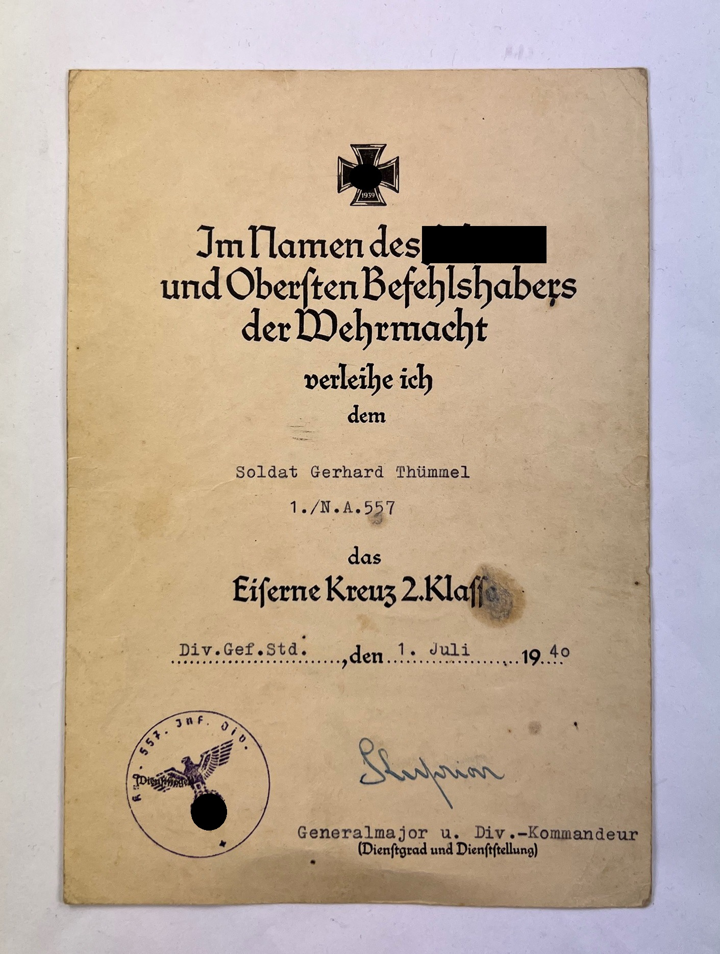 Document for the Iron Cross 2nd Class 1939, Nachrichten Abteilung 557 (N.A. 557) – Bild 1