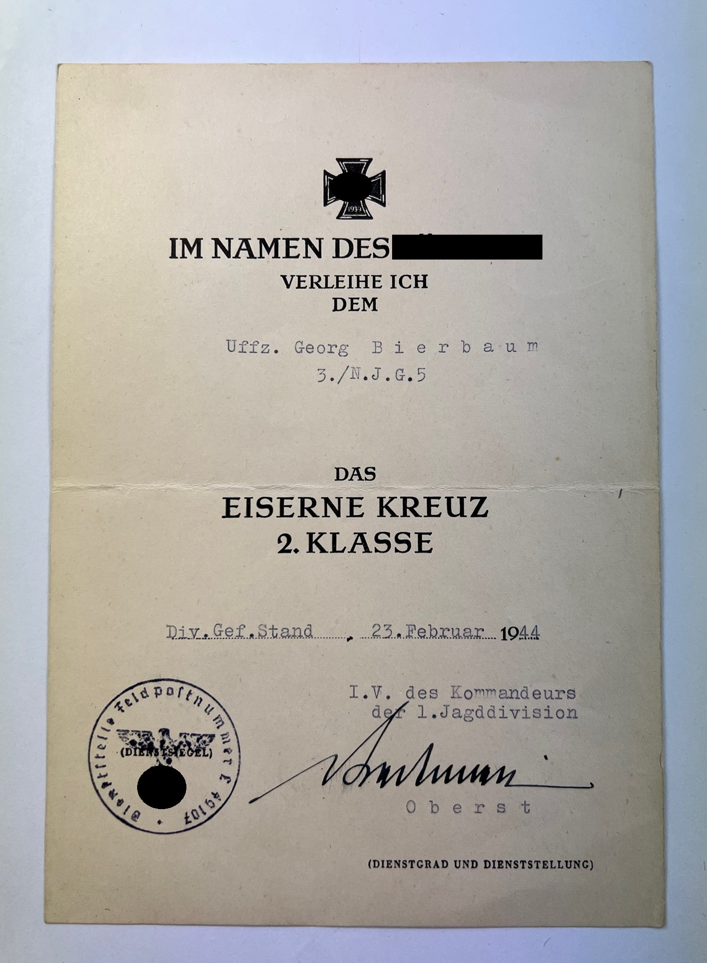 Document for the Iron Cross 2nd Class 1939. Night Fighter Geschwader 5 (N.J.G.5) – Bild 1