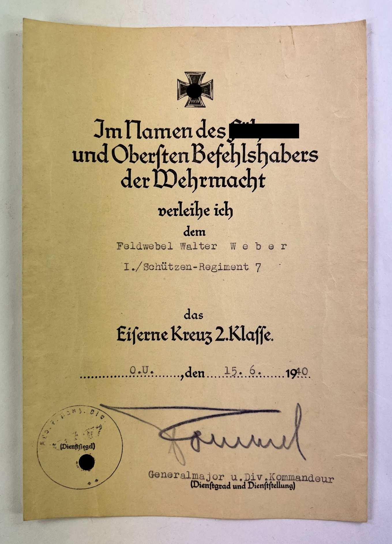 Document for the Iron Cross 2nd Class 1939. Signature Erwin Rommel, Gespenster - Division – Bild 1