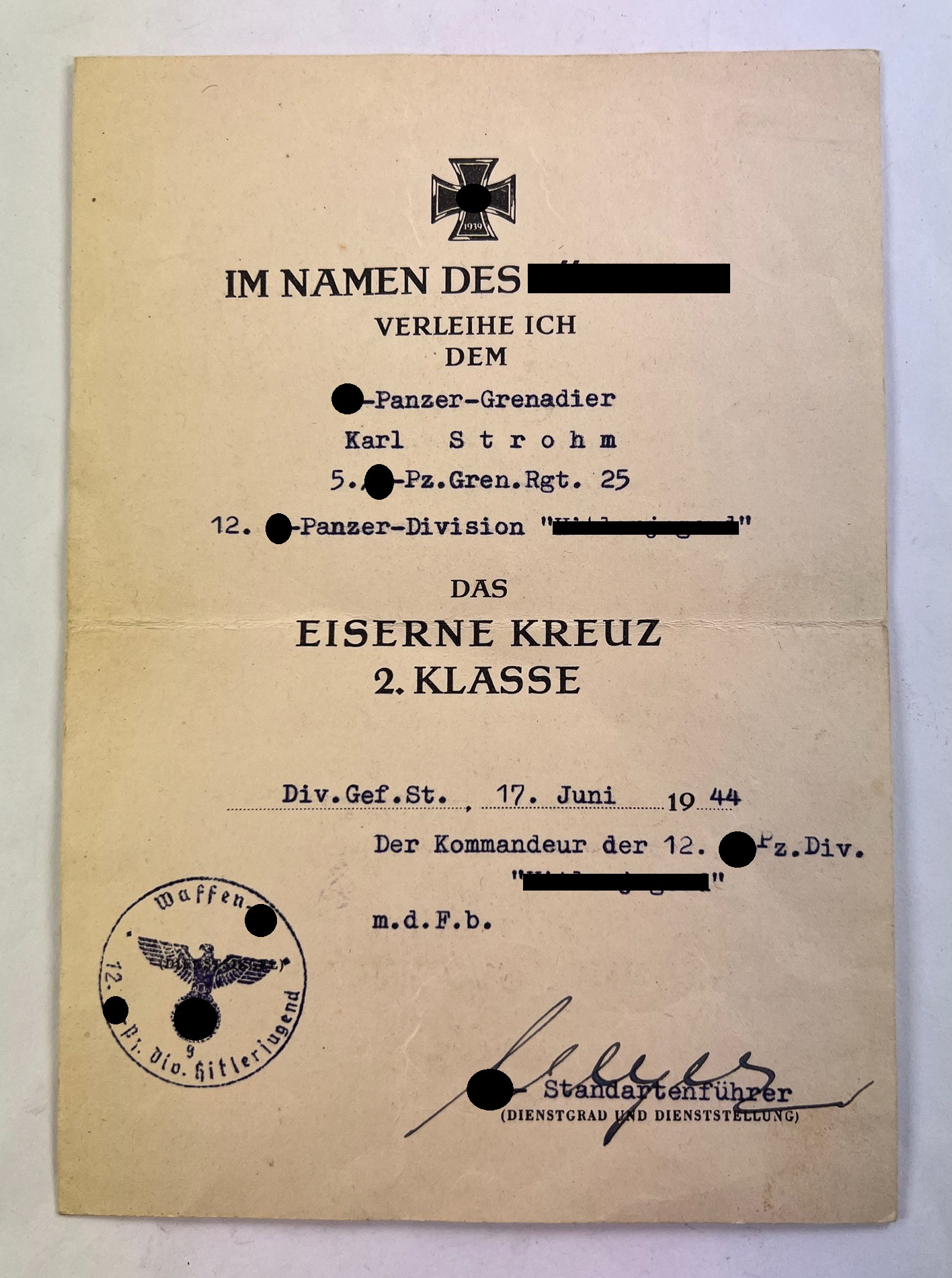 Document for the Iron Cross 2nd Class 1939, Waffen SS, 12. SS-Panzer-Division "Hitlerjugend",  Kurt Meyer (Panzermeyer) – Bild 1