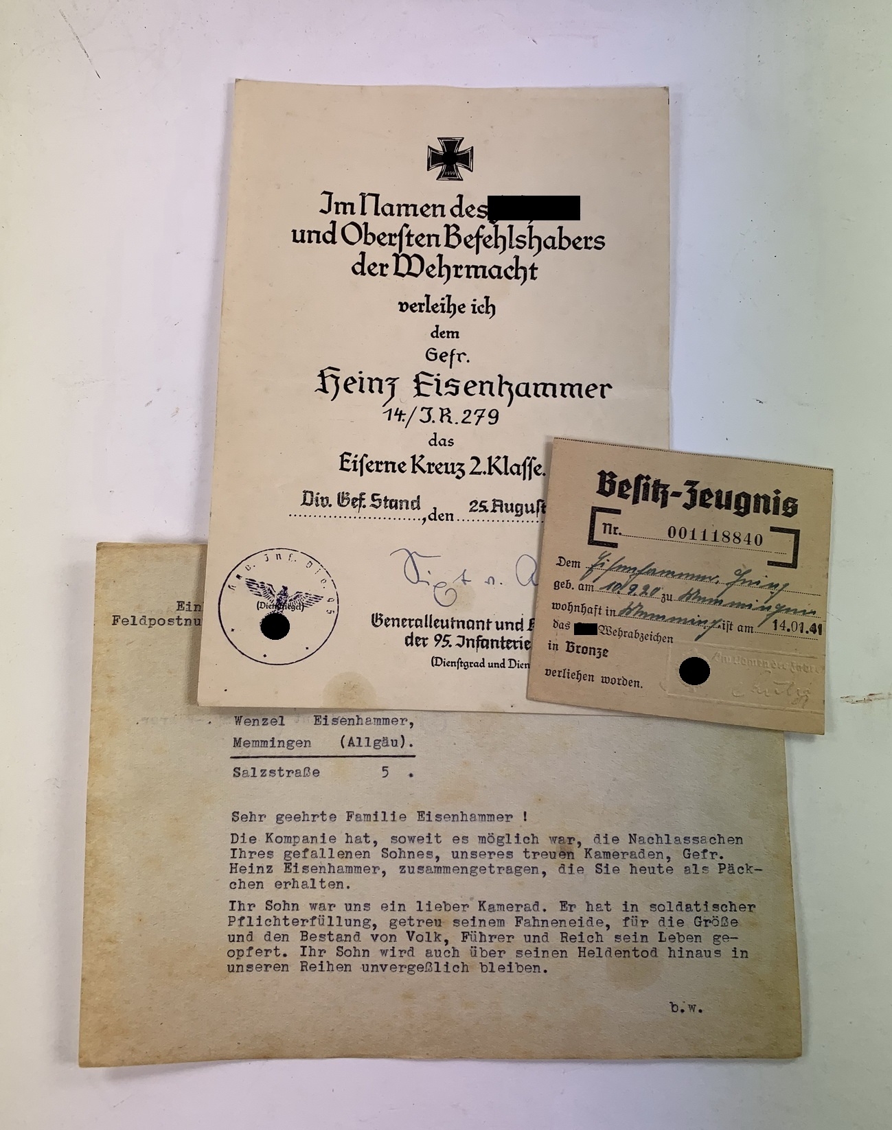 Urkunde Eisernes Kreuz 2. Klasse, Übersendungsschreiben und Besitzzeugnis SA Wehrabzeichen – Bild 1