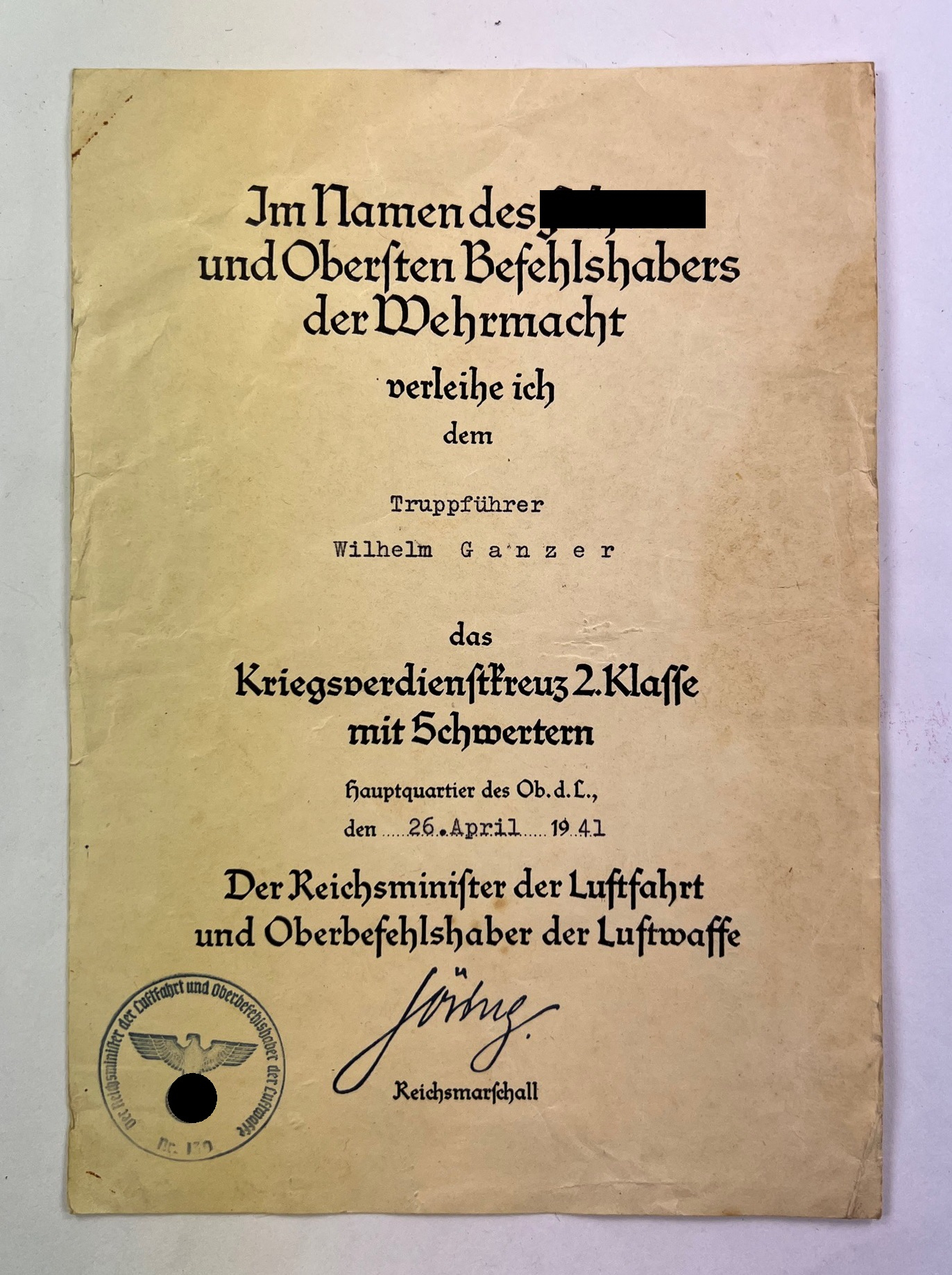 urkunde_kriegsverdienstkreuz_2 Document for the War Merit Cross 2nd Class with Swords, Oberbefehlshaber der Luftwaffe – Bild 1