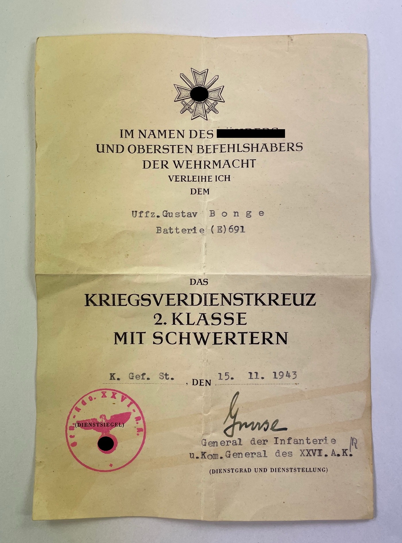 urkunde_kriegsverdienstkreuz_2 Urkunde Kriegsverdienstkreuz 2. Klasse mit Schwertern – Bild 1