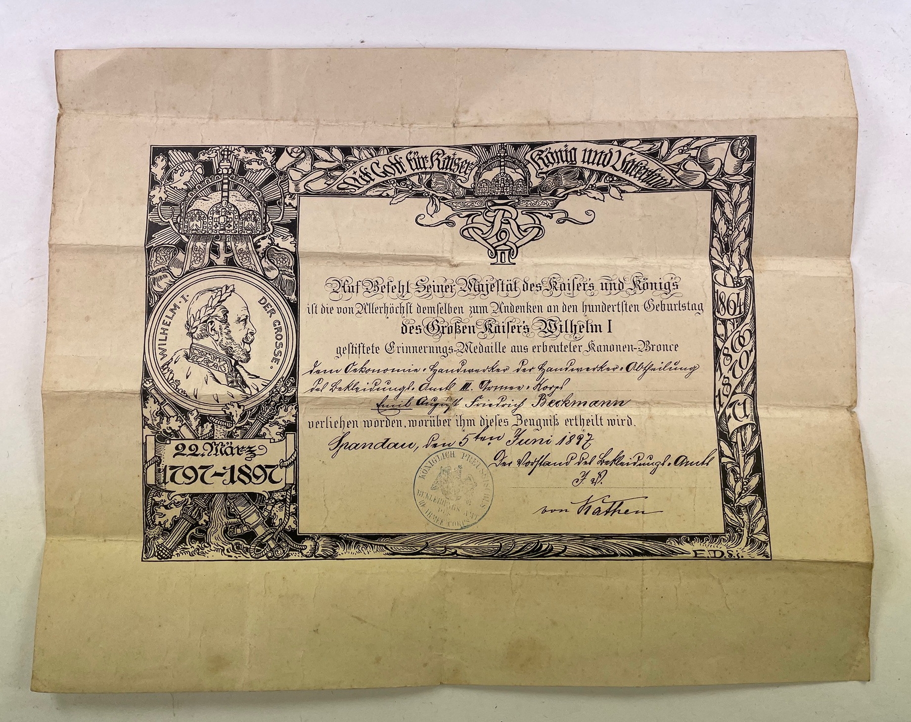 Document for the Kaiser Wilhelm I. Centenary Medal. – Bild 1