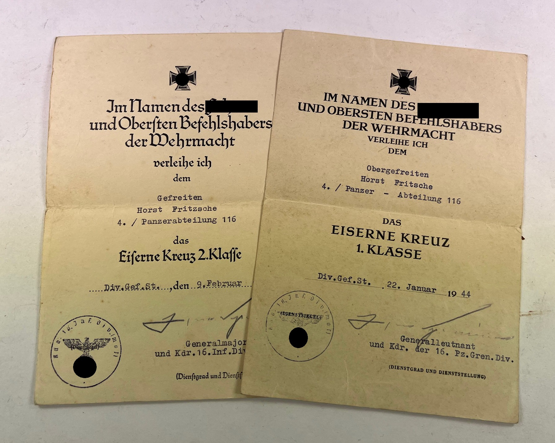 Documents for the Iron Cross 1st &2nd Class. Panzer Abteilung 116 – Bild 1