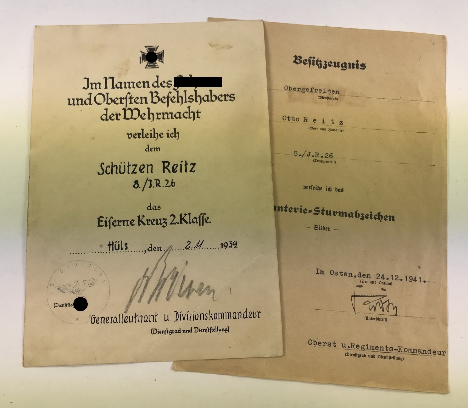 Two Documents. Iron Cross 2nd Class in November 1939. – Bild 1