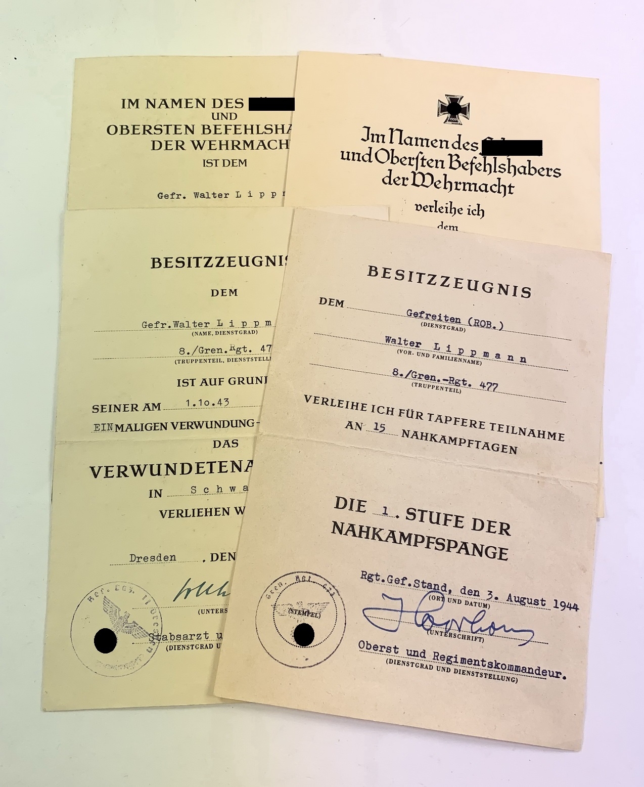 urkunden_gruppe_grenadier_nahkampfspange_1__1 Document Group Grenadier / Close Combat Clasp. – Bild 1