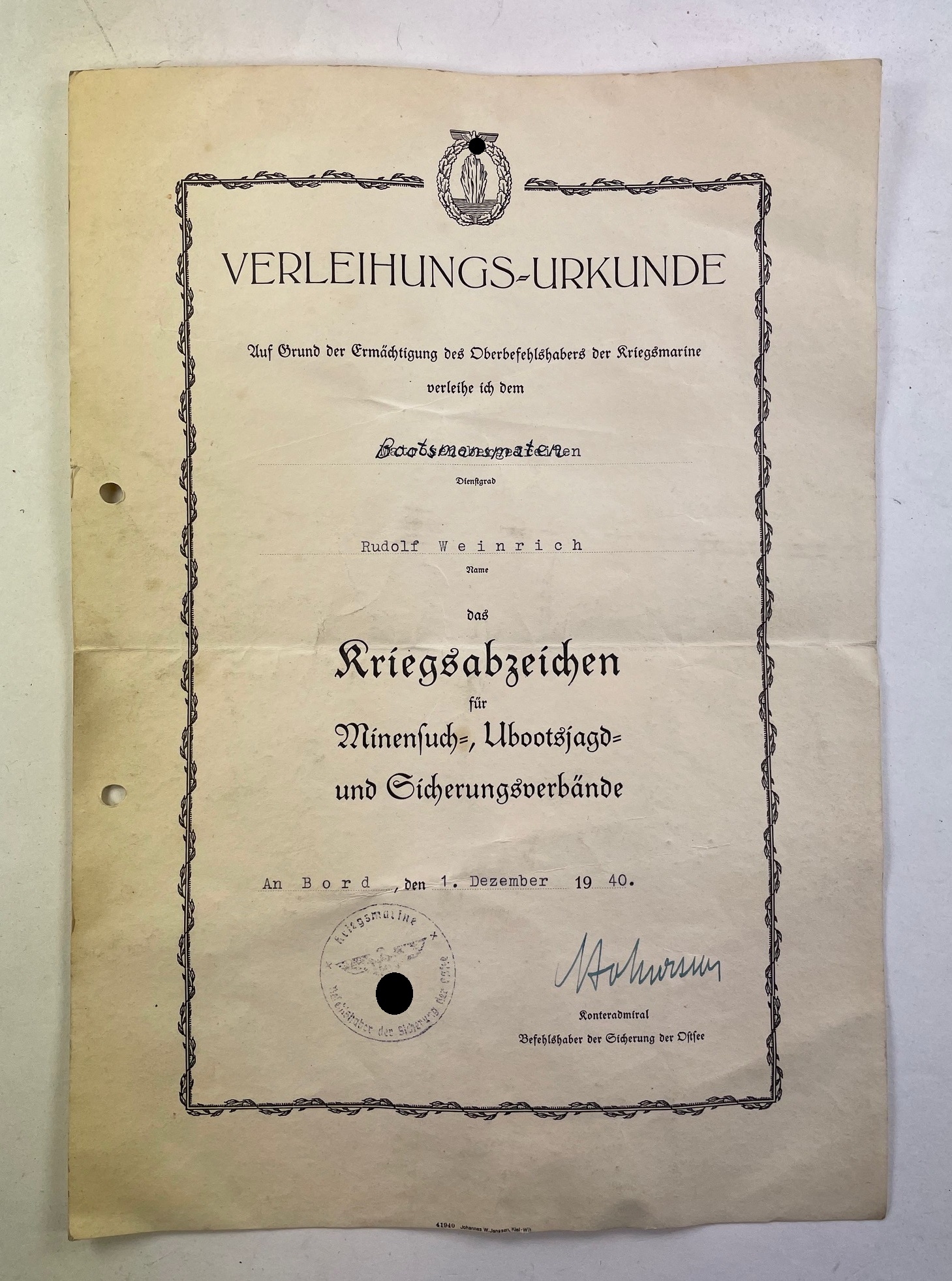 Document for the Minesweeper & Sub-Chaser War Badge ( A-4) – Bild 1