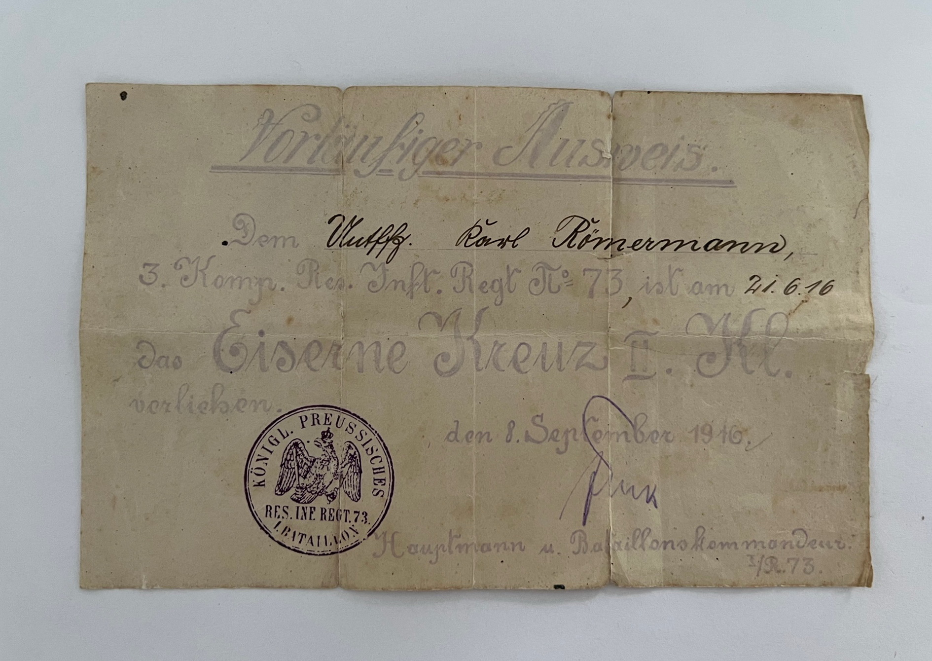 Preliminary Award Document for the Iron Cross 2nd Class 1914. – Bild 1