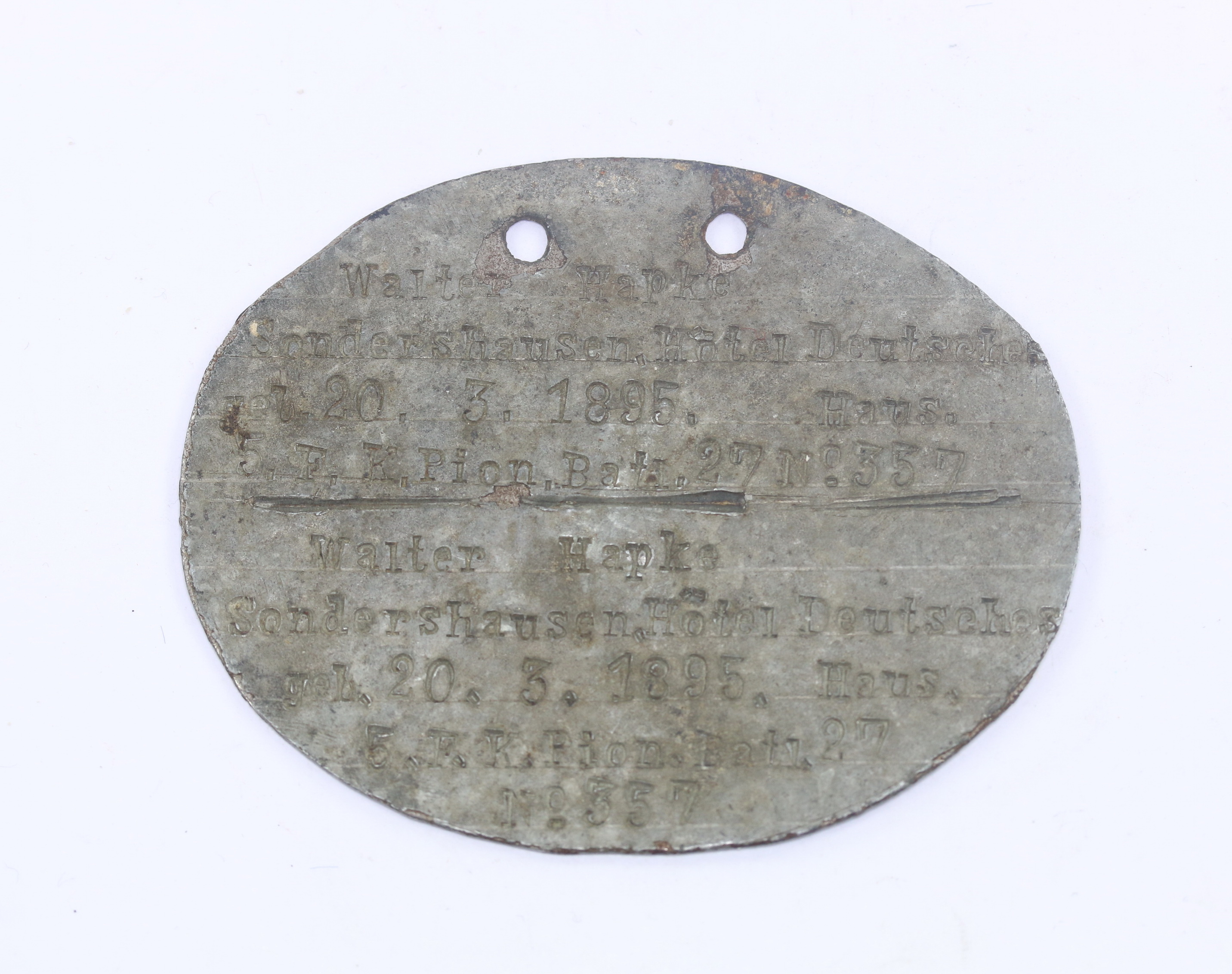 WW1 Identity Disc 5. F.K. Pion. Batl. 27  – Bild 1