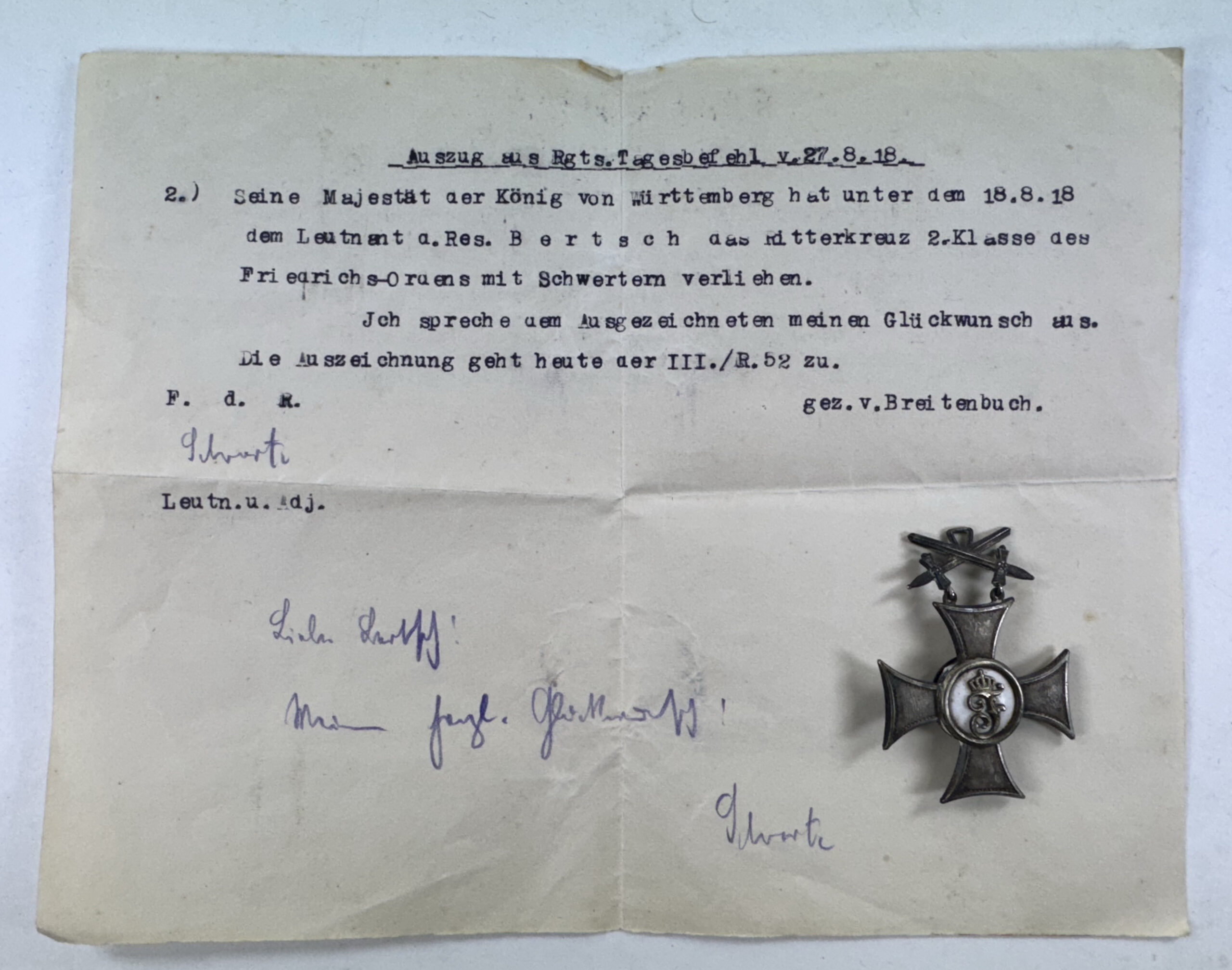  Württemberg, Friedrichs-Orden Ritterkreuz 2.Klasse mit Schwertern + Regimentsbefehl über Verleihung – Bild 1