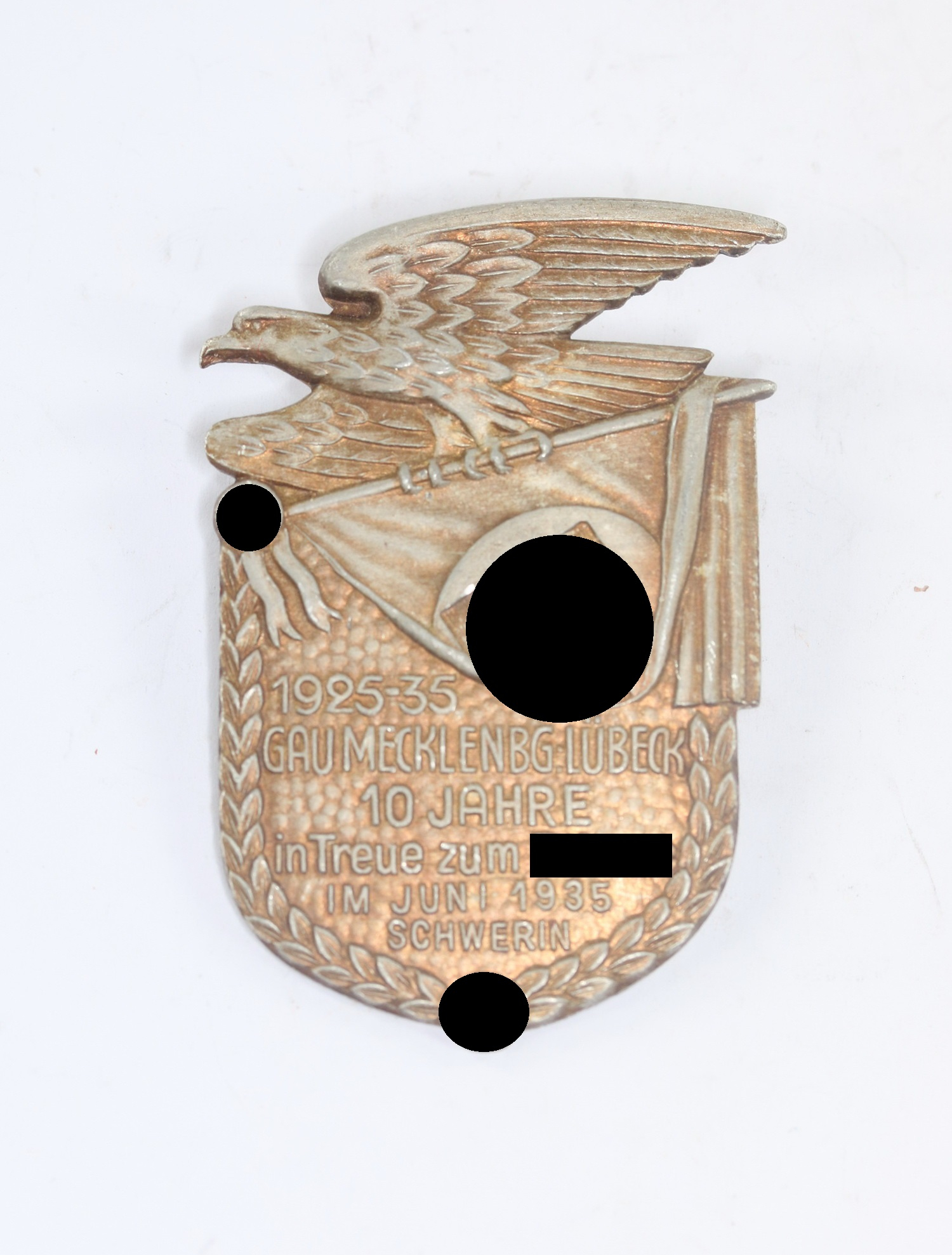 Day Badge, 1925-35 Gau Mecklenbg. Lübeck 10 Jahre in Treue zum Führer in Juni 1935 Schwerin, Hst. Paul Schulze & Co. Lübeck – Bild 1