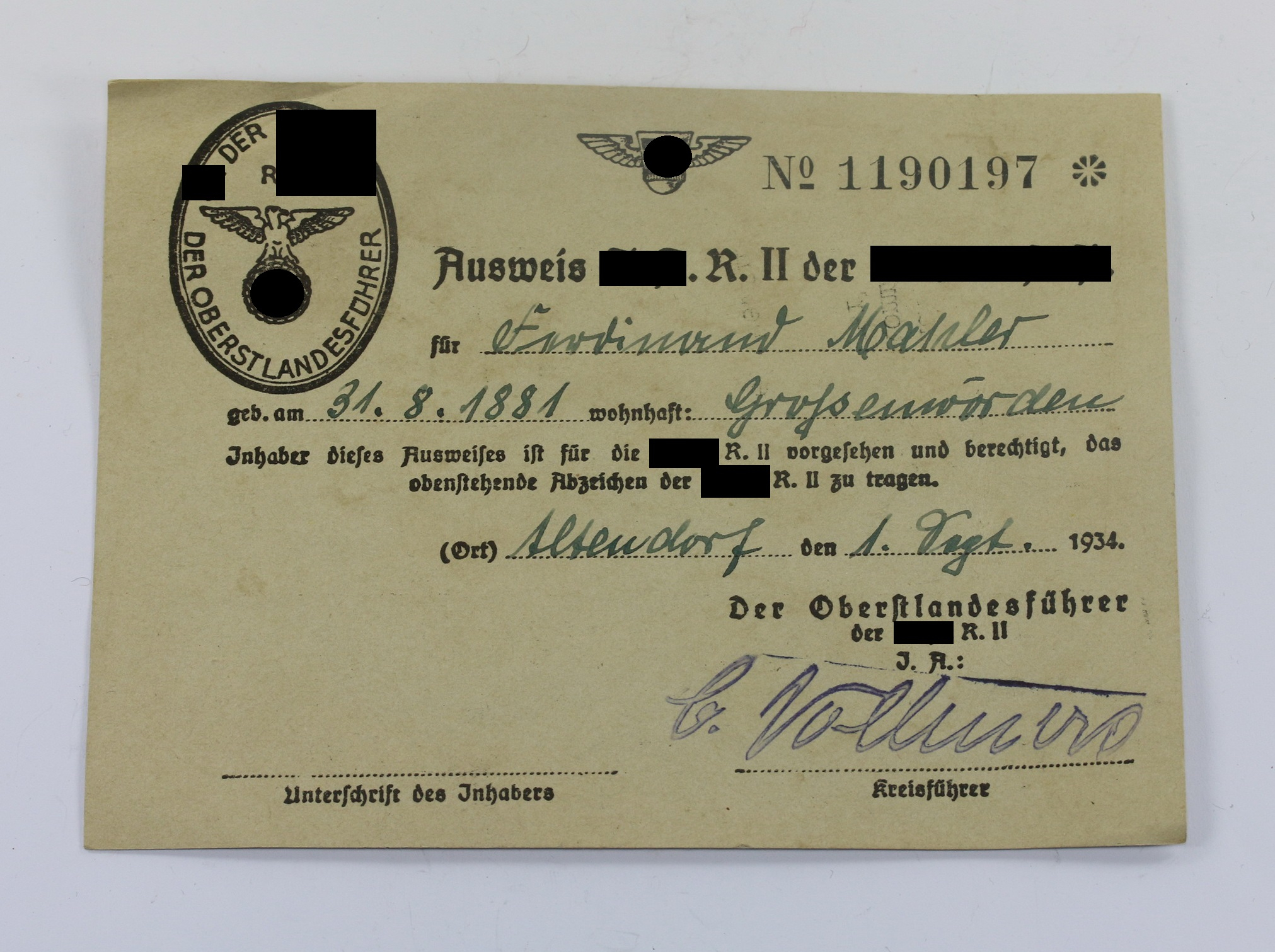 Identity Card, S.A.R. II der N.S.D.A.P. (SA Reserve II der NSDAP) – Bild 1
