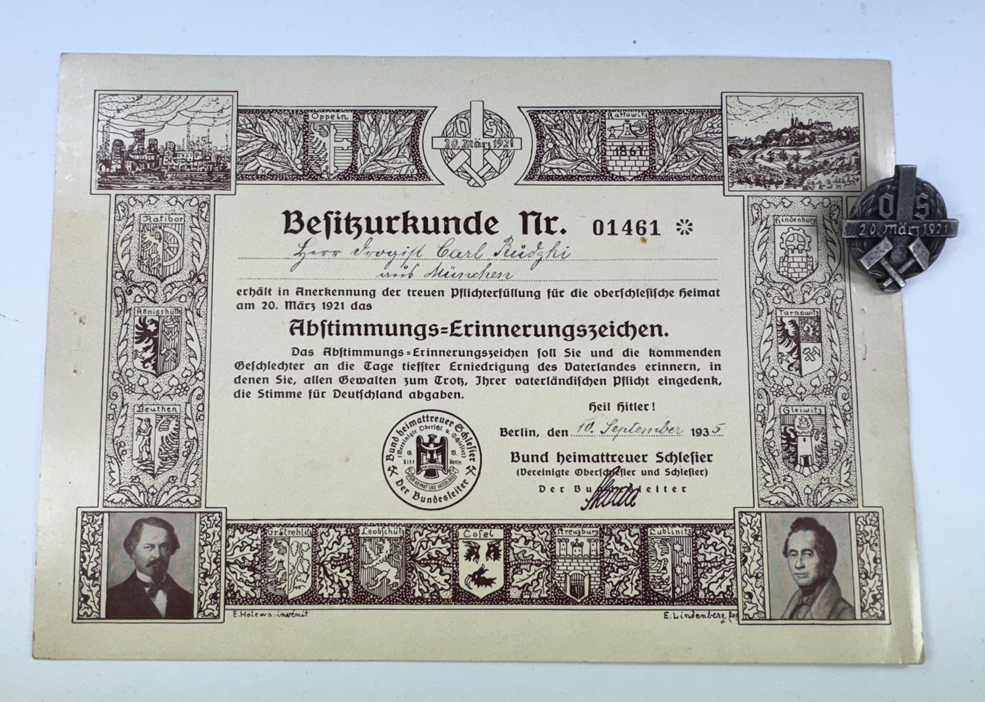 Bund Heimattreuer Schlesier, Abstimmungs-Erinnerungsabzeichen 20. März 1921 + Urkunde – Bild 1