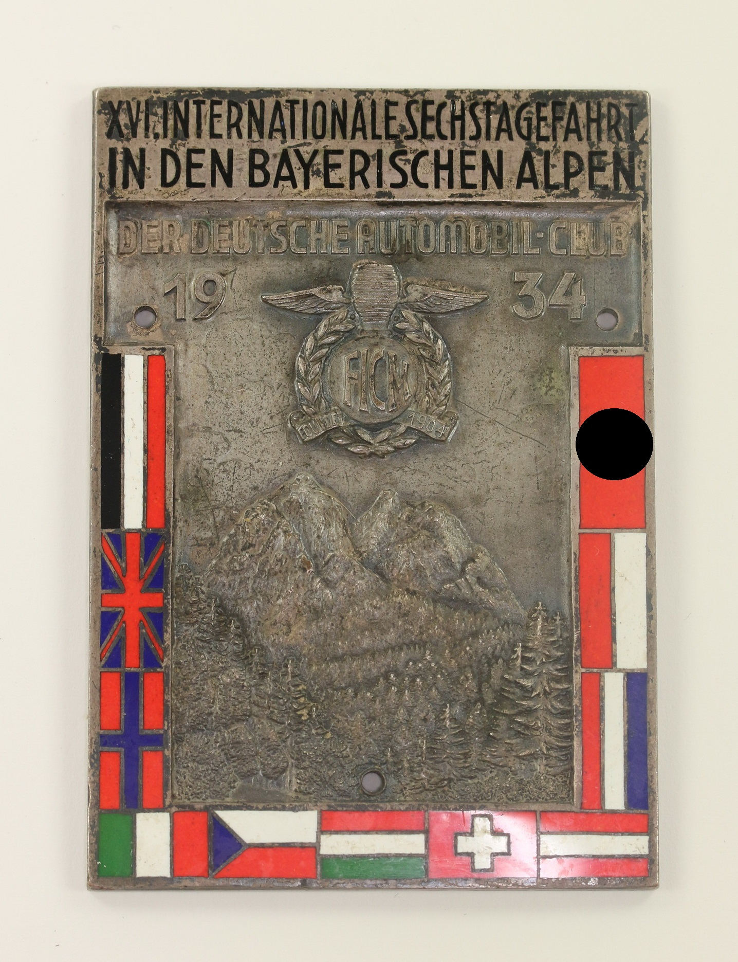 der_deutsche_automobilclub_plakette_xvi Der Deutsche Automobil-Club, Plakette XVI. Internationale Sechstage Fahrt in den Bayrischen Alpen 1934, Hst. Rob. Neff. Berlin W. 57 – Bild 1