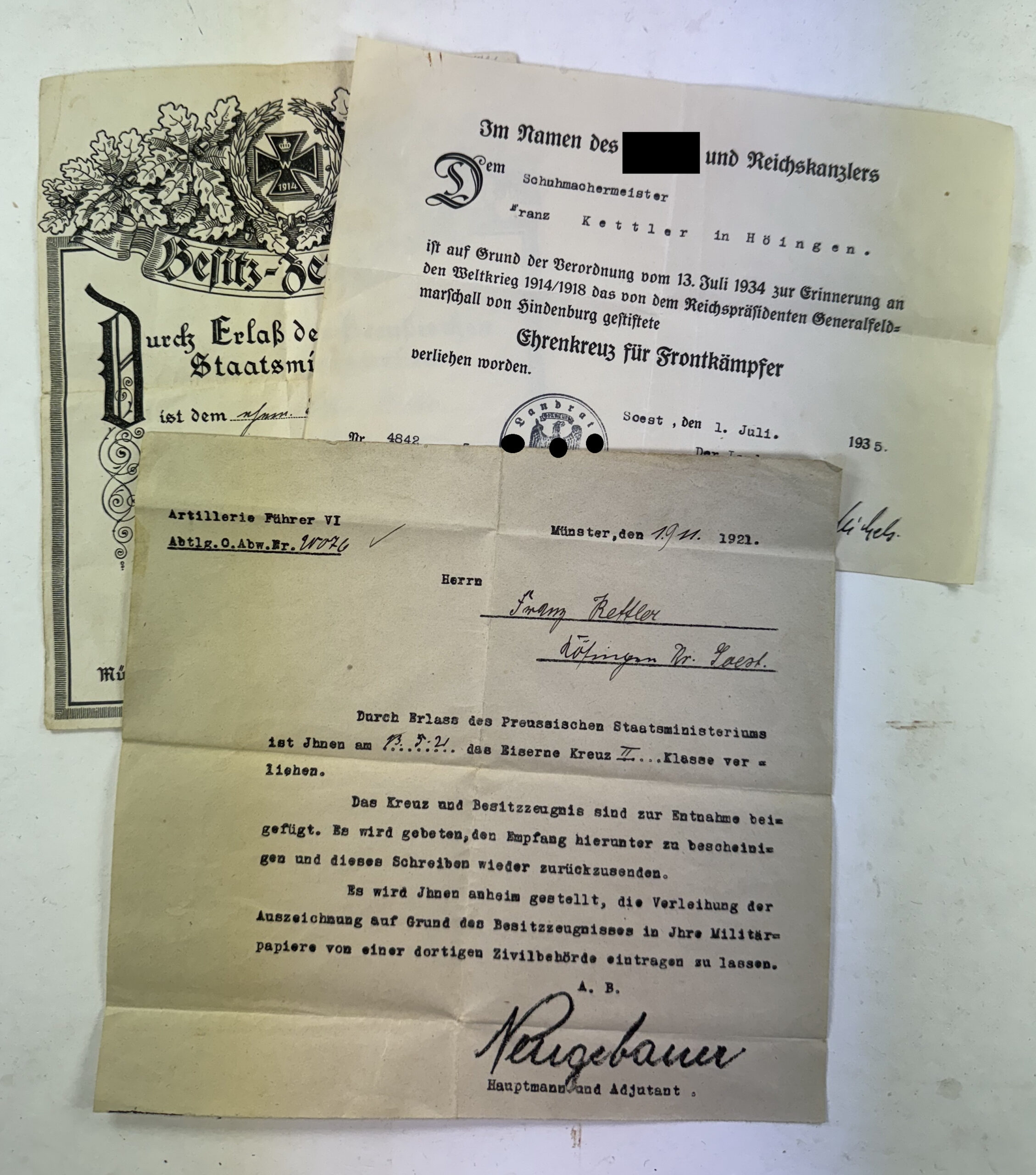 Dokumentennachlass Verleihungs Eisernes Kreuz 1921 (!), Durch Erlaß des preußischen Staatsministeriums – Bild 1