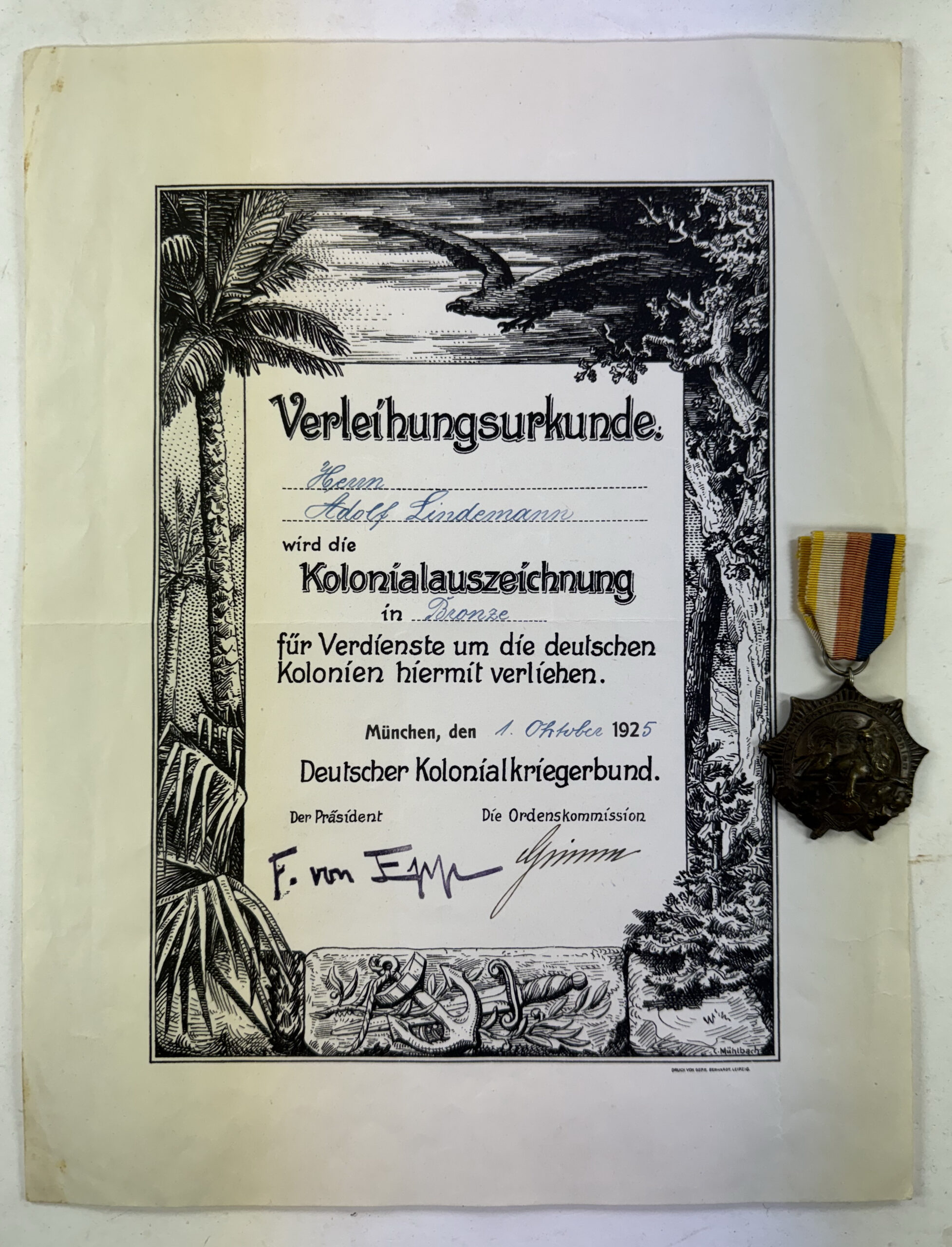kolonialauszeichnung_in_bronze_l_wenorden_verleihungsurkunde_1_ Kolonialauszeichnung in Bronze (Löwenorden) + Verleihungsurkunde – Bild 1