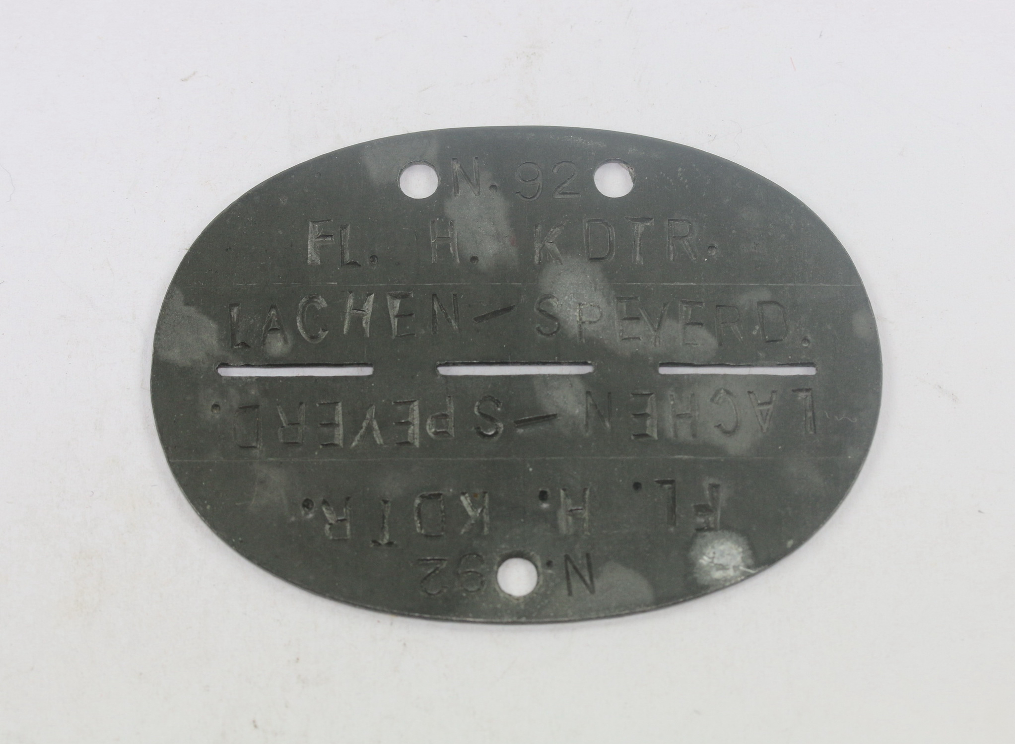 Luftwaffe, Identity  Disc, FL. H. KDTR. (Fliegerhorstkommandantur) Lachen-Speyerd. (Speyerdorf) – Bild 1