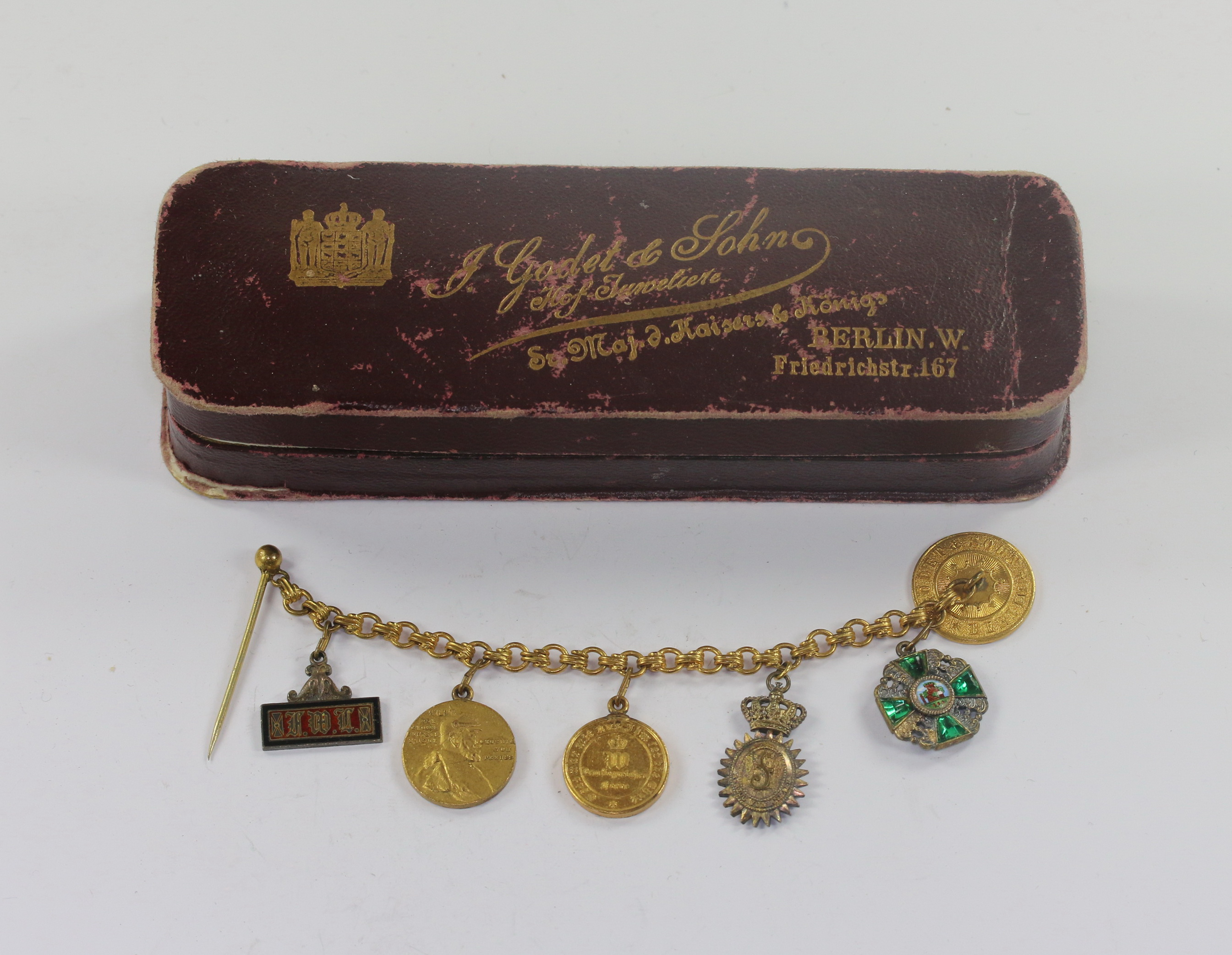 Miniaturenkette 5X, im Etui J. Godet & Sohn Hof Juweliere Se. Maj. d. Kaisers & Königs Berlin W. Friedrichstr. 167 – Bild 1