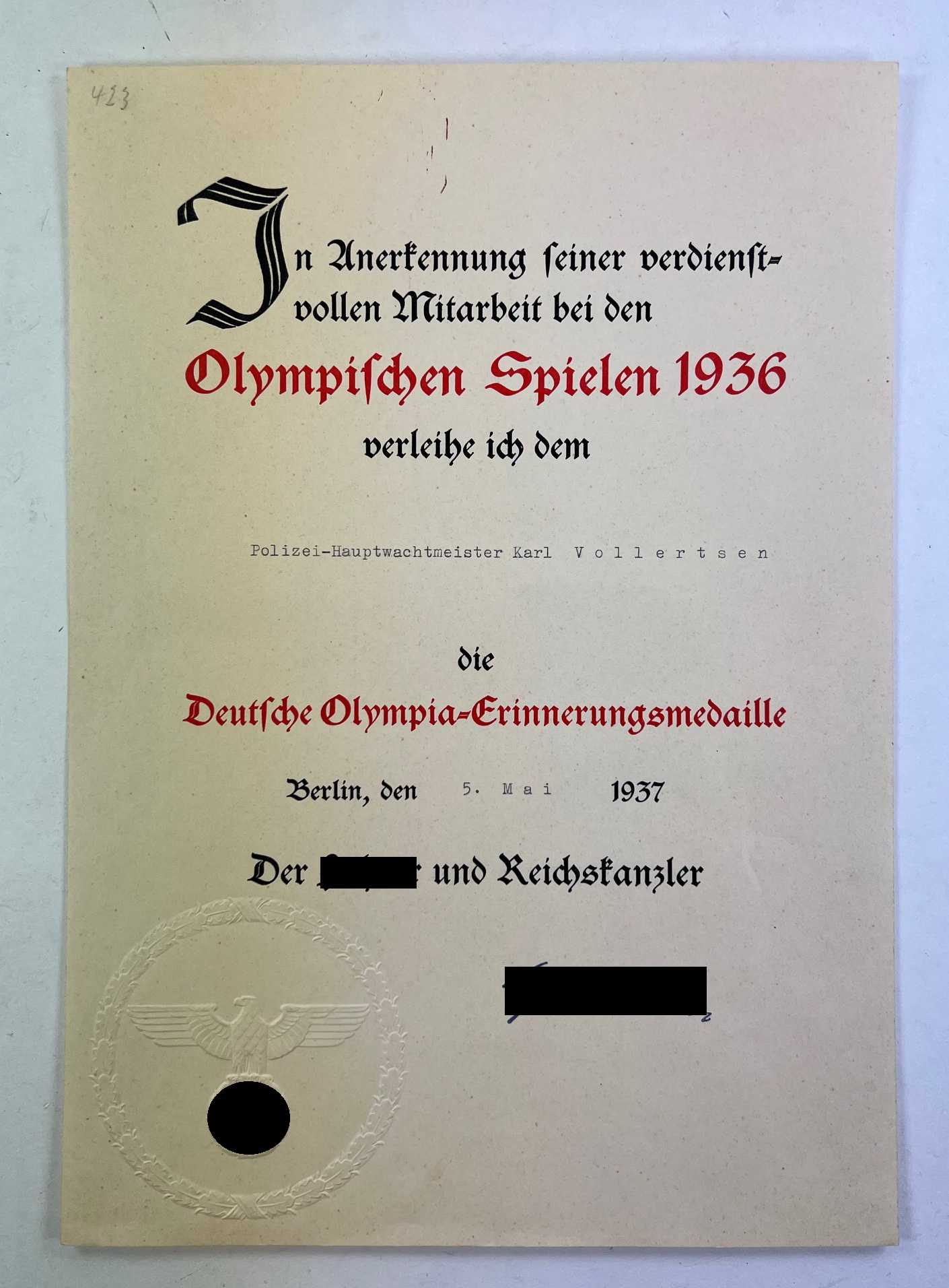 urkunde_deutsche_olympiaerinnerungsmedaille__in_anerkennung_seiner_verdienstvollen_mitarbeit_bei_den_olympischen_spielen_1936_3 Urkunde, Deutsche Olympia-Erinnerungsmedaille - In Anerkennung seiner verdienstvollen Mitarbeit bei den Olympischen Spielen 1936 – Bild 1