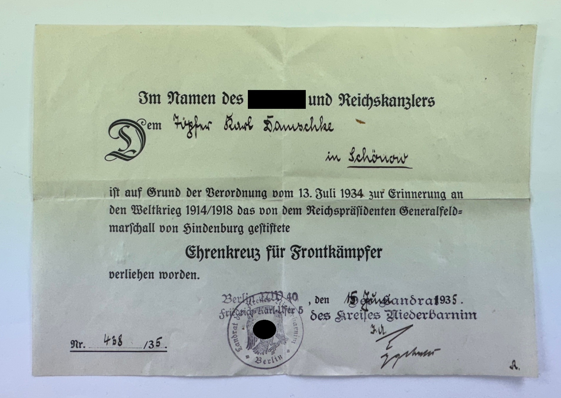 Document for the Hindenburg Cross for Combatants.  – Bild 1