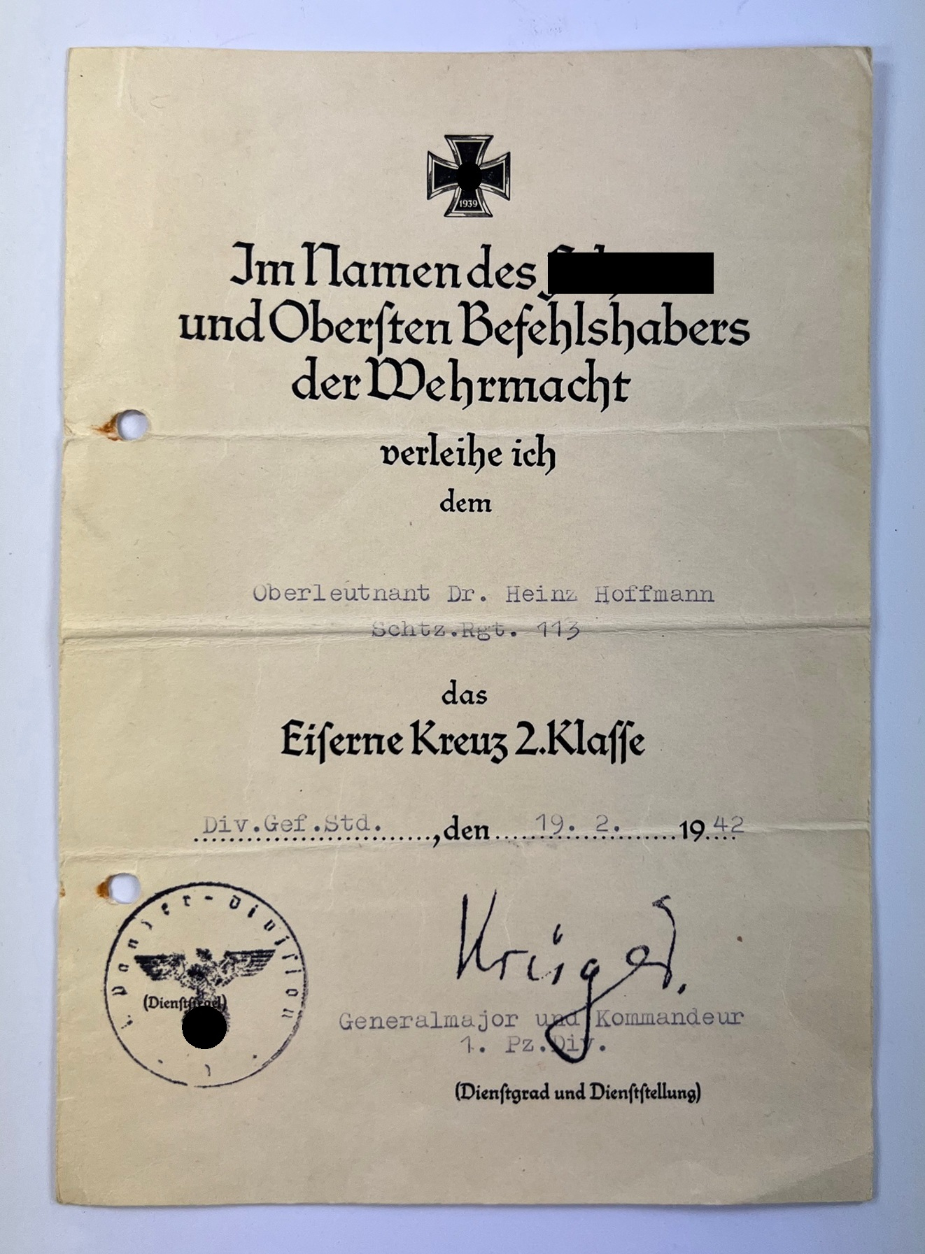 Urkunde Eisernes Kreuz 2. Klasse 1939, Schützenregiment 113 (1. Panzerdivision) – Bild 1