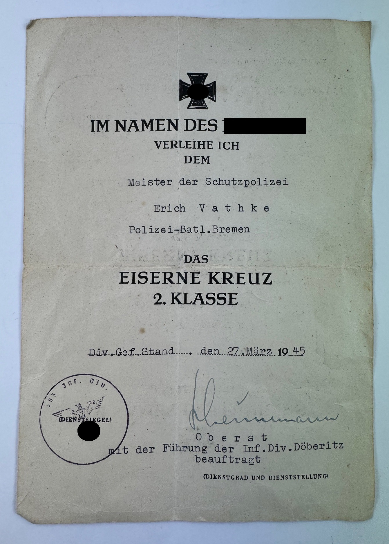 Document for the Iron Cross 2nd Class 1939, March 1945, Infanterie Division Döberitz – Bild 1