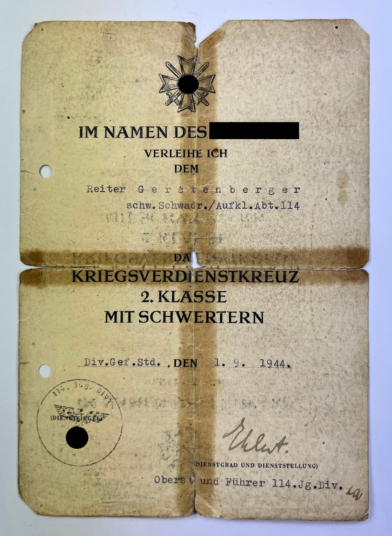 Document for the War Merit Cross 2nd Class with Swords, Schwere Schwadron, Aufklärungsabteilung 114 – Bild 1