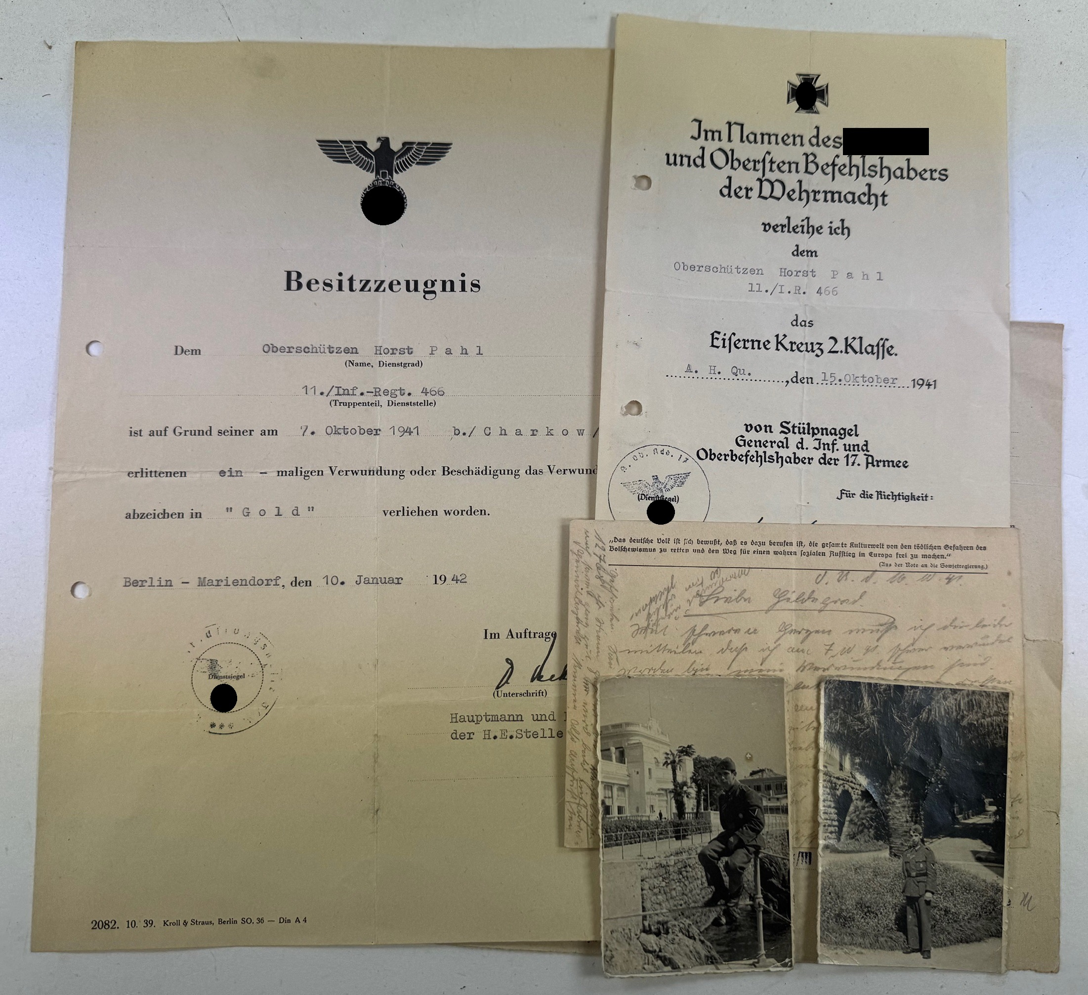 Urkunden Gruppe EK-2 Urkunden Vordruck 17.Armee von Stülpnagel, Verwundetenabzeichen in Gold – Bild 1