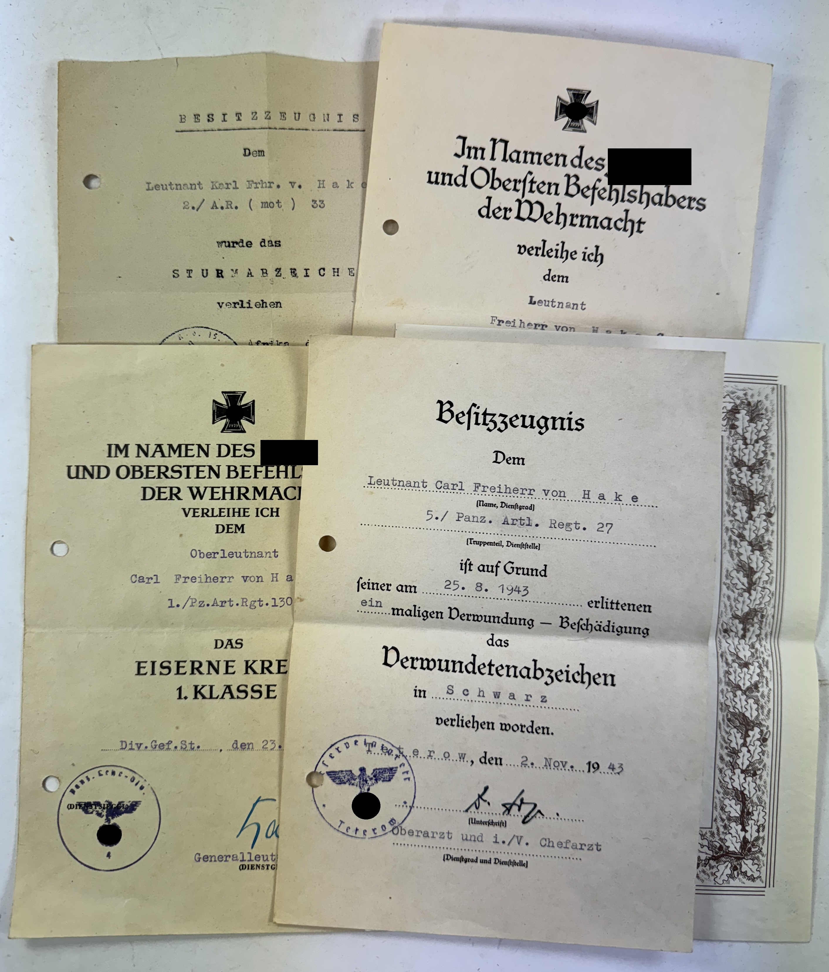 Document Group Freiherr von Hake,  Panzeraufklärungsabteilung 33, Afrika Normandie – Bild 1