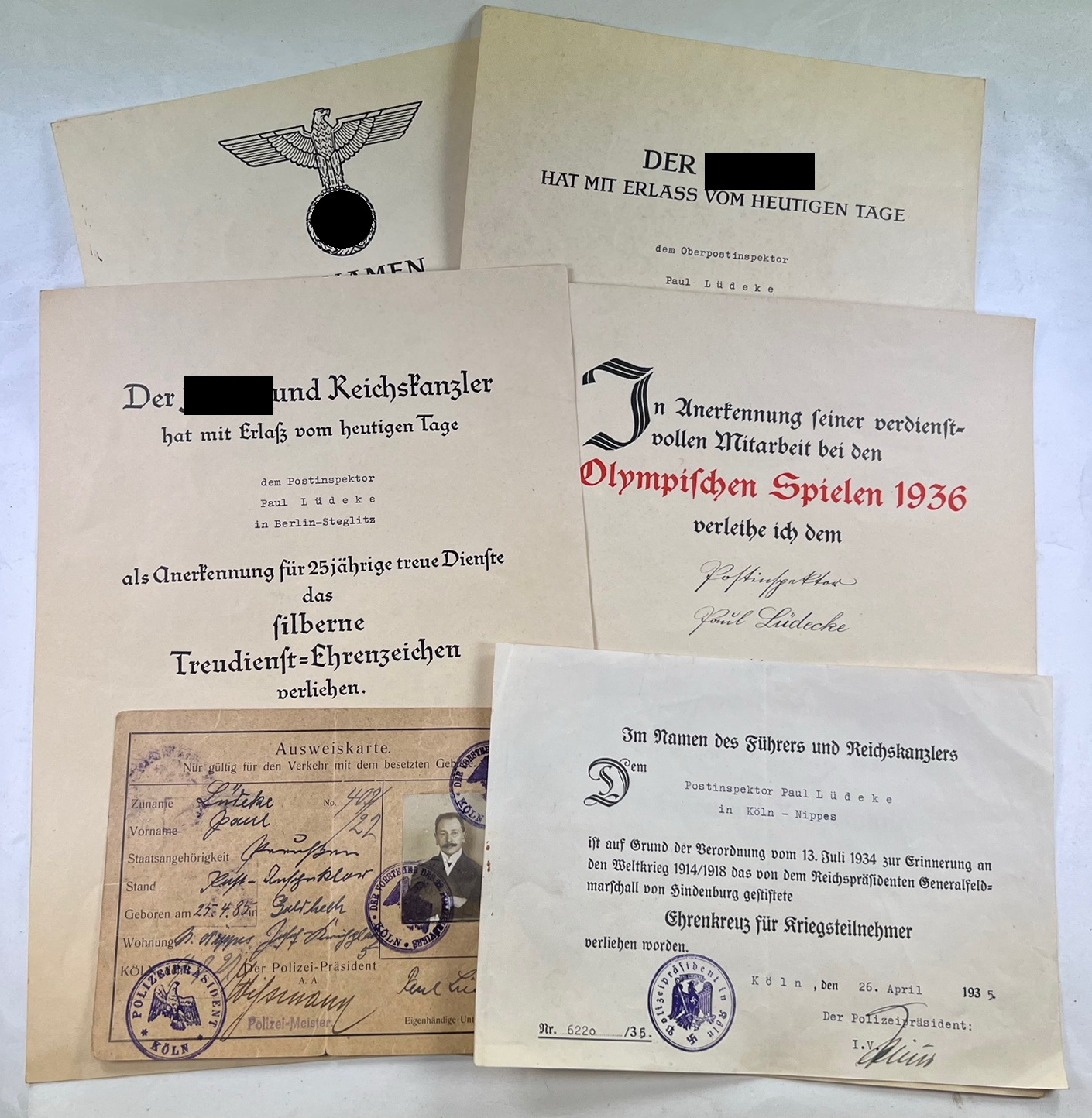 Urkunden Olympia Medaille, KVK Medaille, Treudienstehrenzeichen Silber u. Gold, etc. – Bild 1