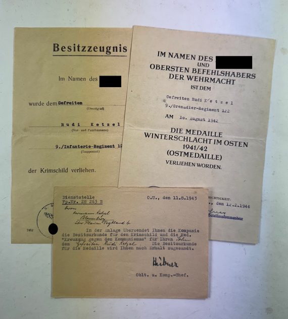 Besitzzeugnis Krimschild, Infanterie-Regiment 122 (1942) + Übersendungsschreiben + Urkunde Ostmedaille